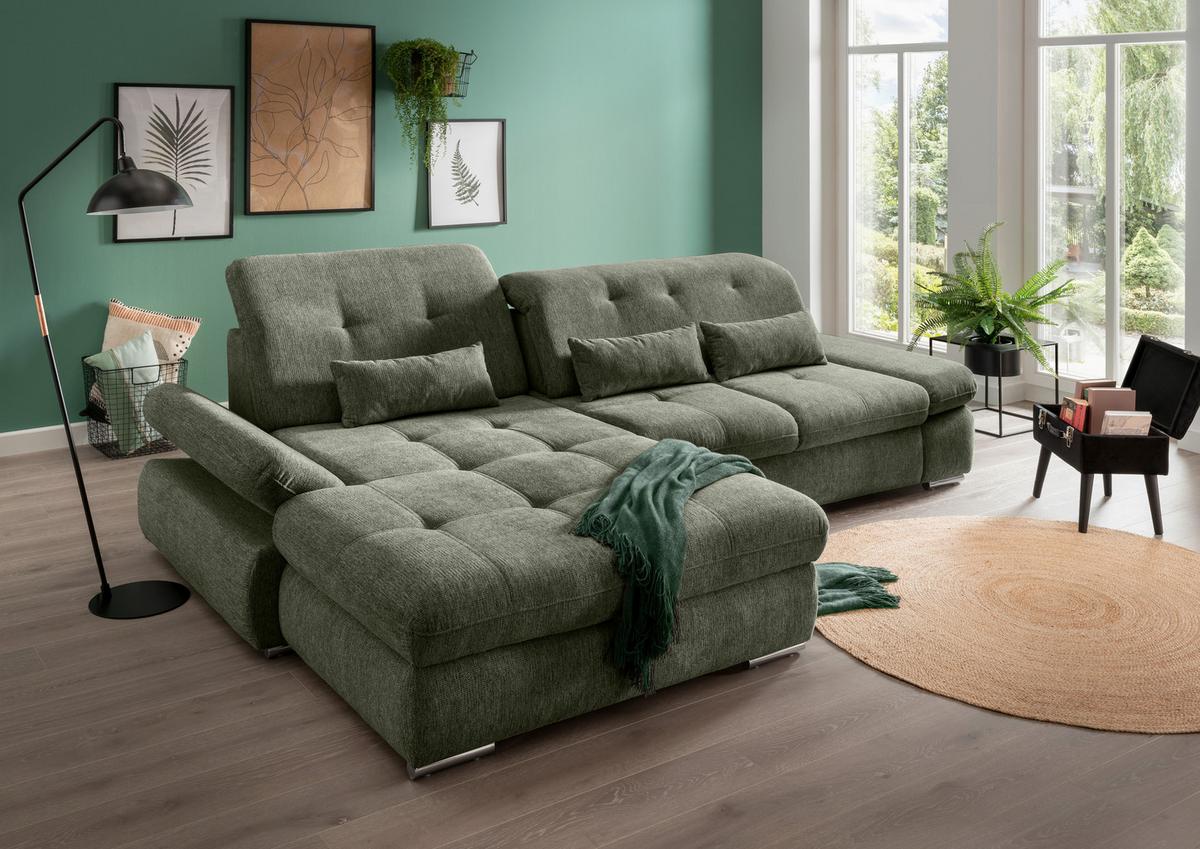 Ecksofa Dalida Dunkelgrün S: 196x300cm - Chromfarben/Dunkelgrün, Design, Textil (196/300cm) - Livetastic
