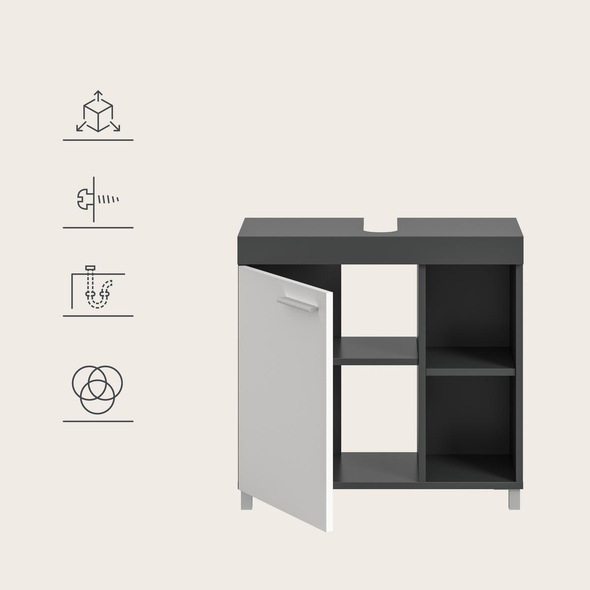 Waschbeckenunterschrank Noah Anthrazit/Weiß B: 65cm - Anthrazit/Silberfarben, Trend, Holzwerkstoff (65/63/31cm) - MID.YOU