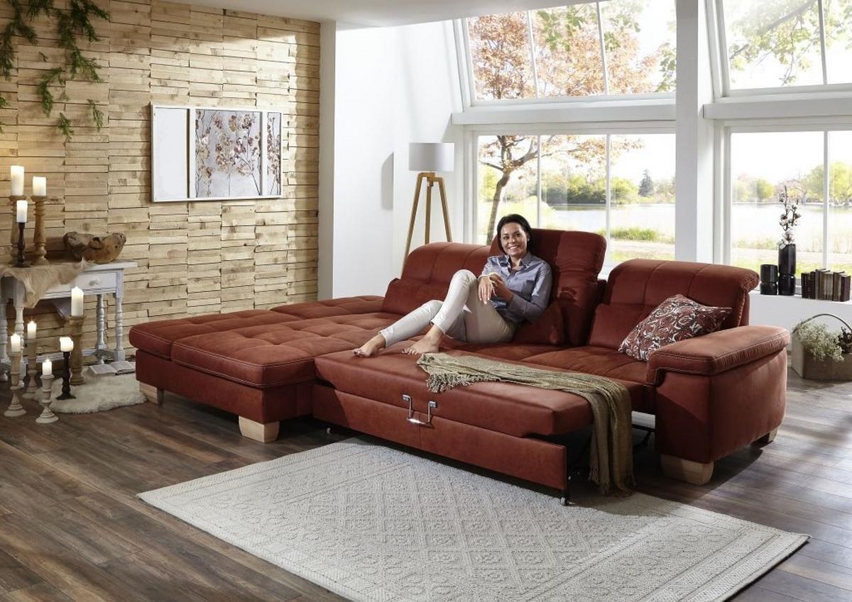 Sedací souprava ELLA, levá, cihlová, s funkcemi - divoký dub/terracotta, Moderní, dřevo/textil (243/273cm)