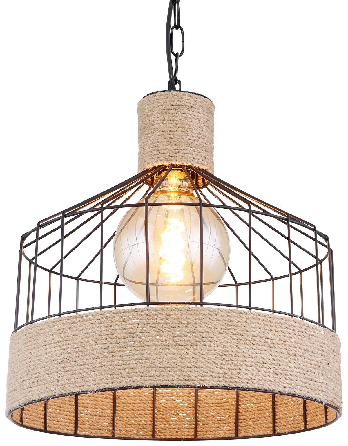 Hängeleuchte Halia H: 135 Cm 1-Flammig, Mit Hanfseil - Schwarz/Braun, Basics, Naturmaterialien/Metall (35/135cm) - Globo