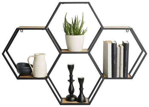 Nástenný regál čierna kov - čierna/prírodná farba, Lifestyle, kov/drevo (88/63/12cm) - Premium Living