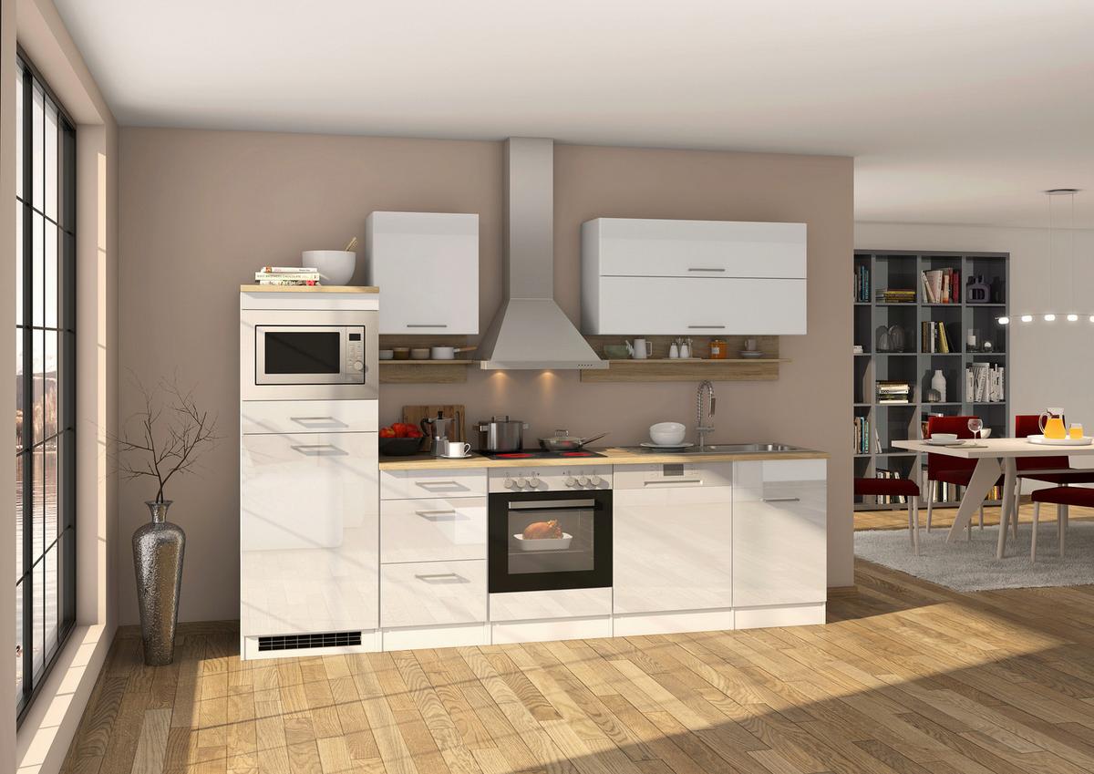 Küchenzeile Mailand mit Geräten 280 cm Weiß Elegant - Eichefarben/Weiß Hochglanz, MODERN, Holzwerkstoff (280cm) - Held