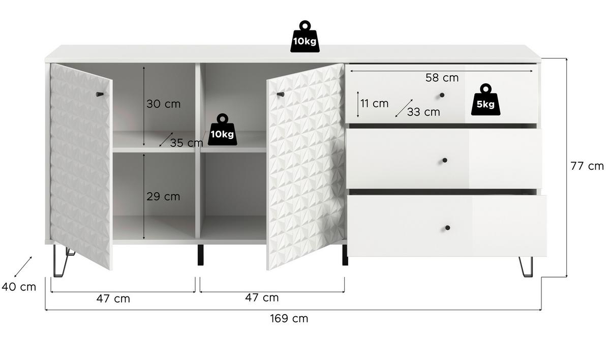 Sideboard Prisma, Weiß B: 170 Cm - Weiß Hochglanz/Schwarz, Design, Holzwerkstoff (170/76/40cm) - Livetastic