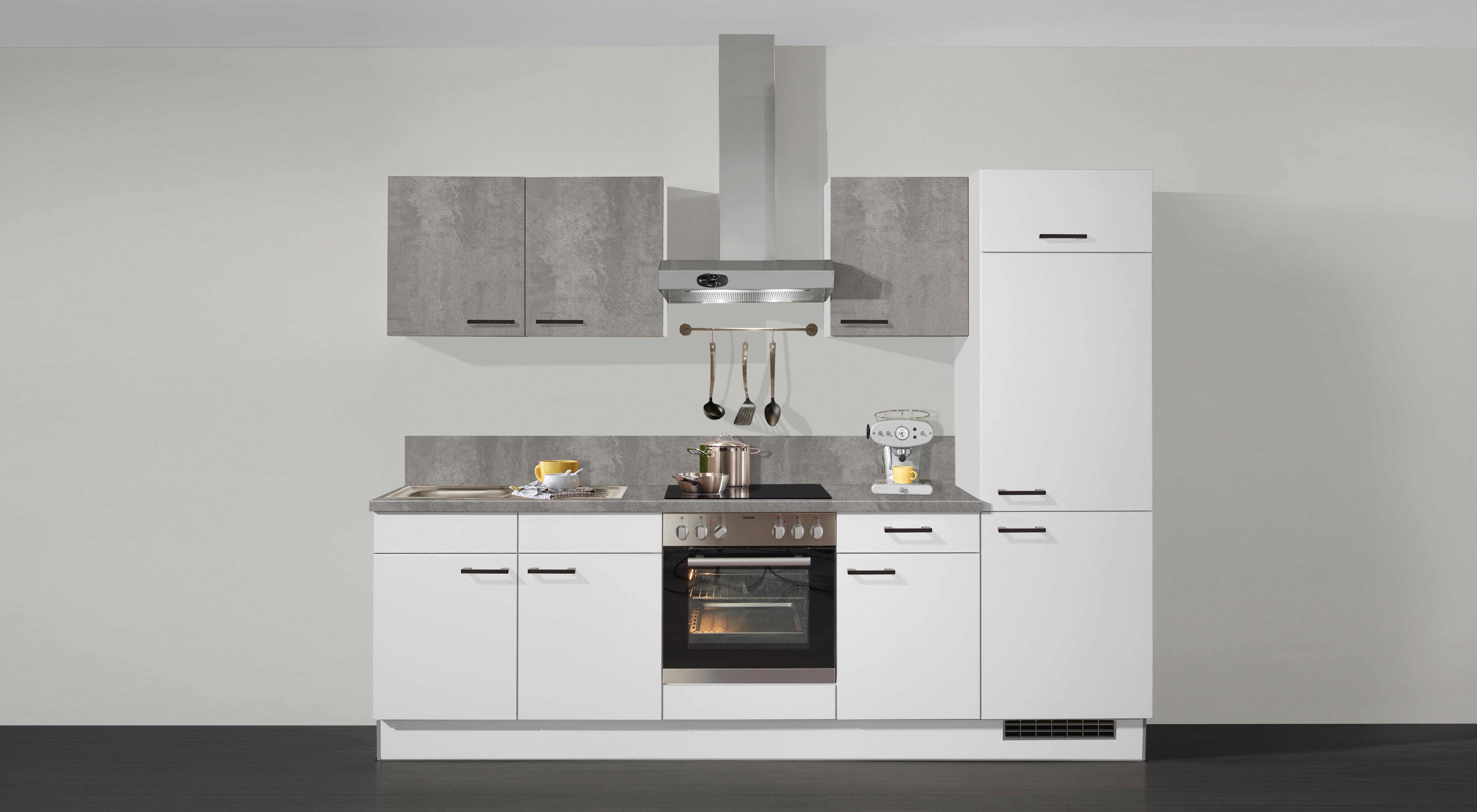 Küchenzeile Pn 80/Pn 100 mit Geräten 270 cm Weiß/Betonoptik - Weiß, MODERN, Holzwerkstoff/Kunststoff (270cm) - Pino