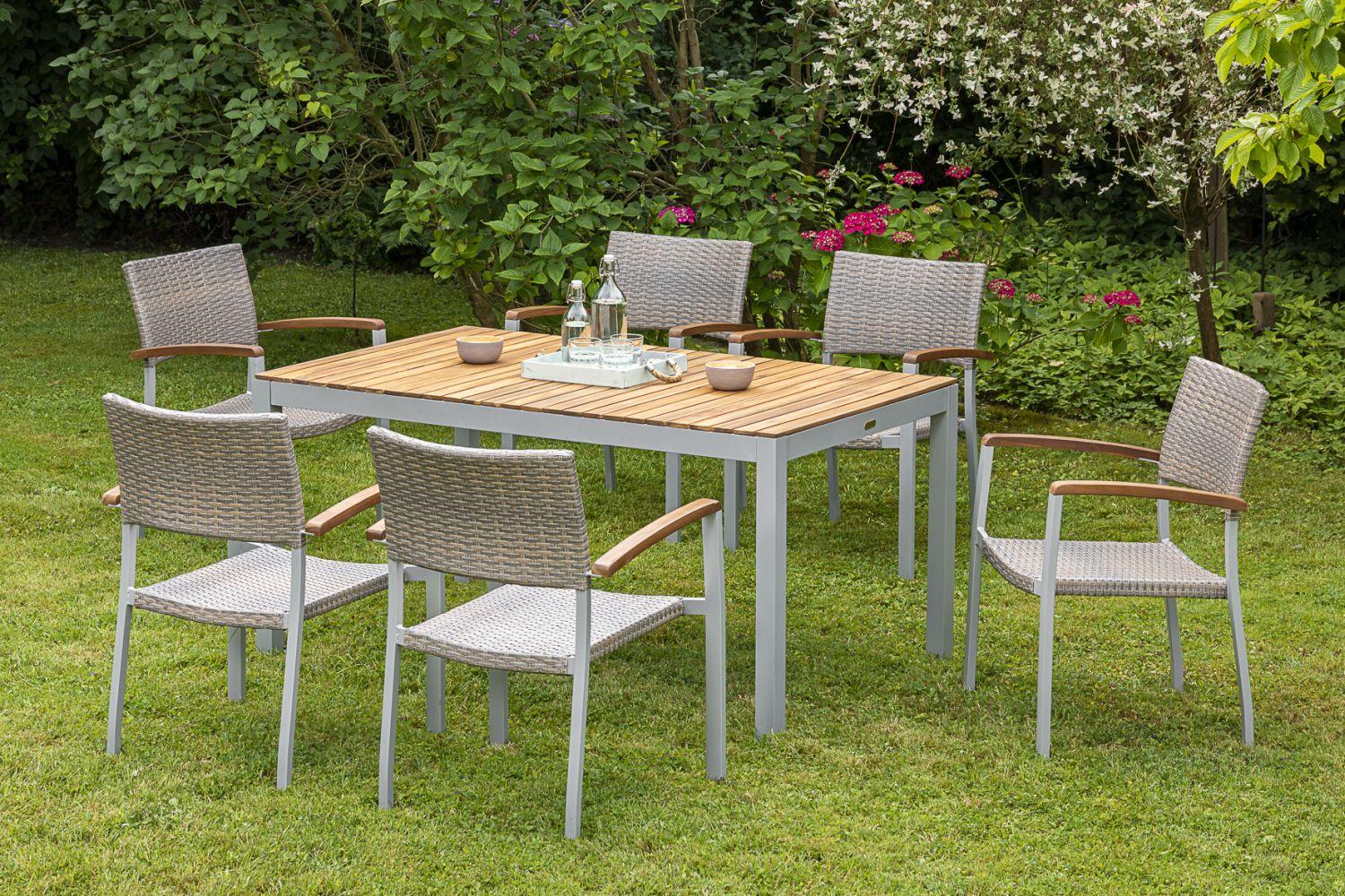 Gartentisch Naxos Akazie L: 150 cm - Silberfarben/Akaziefarben, ROMANTIK / LANDHAUS, Holz/Metall (150/74/90cm) - Gardenson