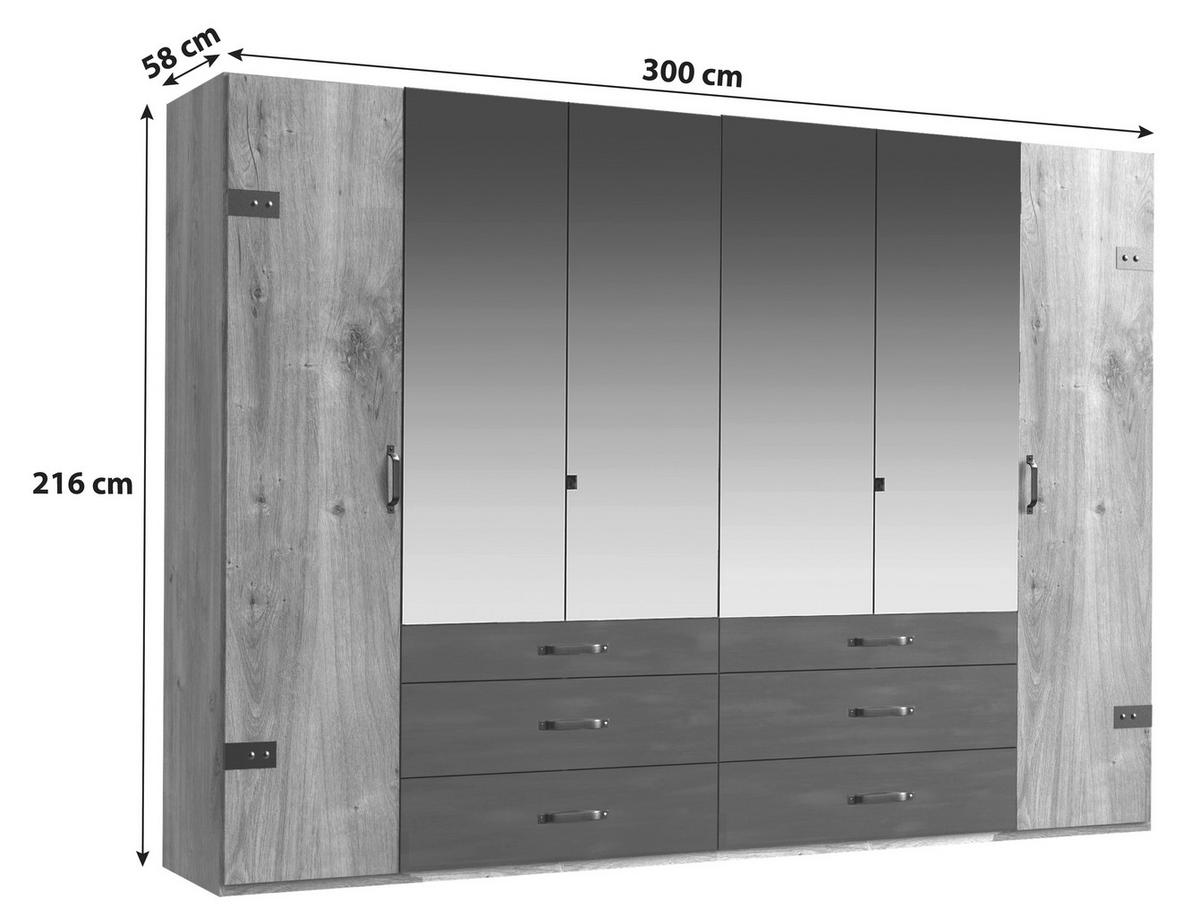 Šatná skriňa DETROIT šírka 300cm - grafitová/farba duba, Basics, kov/kompozitné drevo (300/216/58cm) - MID.YOU