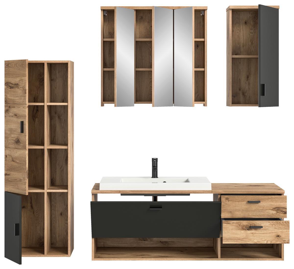Badezimmer Grado Eiche Dekor/Grau - Weiß Hochglanz/Grau, MODERN, Glas/Keramik (182cm) - MID.YOU