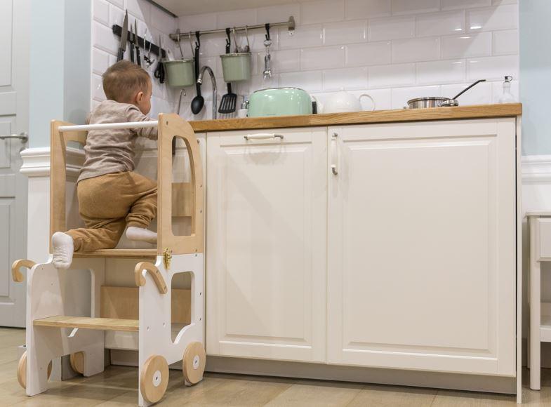Kombihochstuhl Trolley Step Stool Weiss/natur - Naturfarben/Weiß, Basics, Holz (38/90/40cm)
