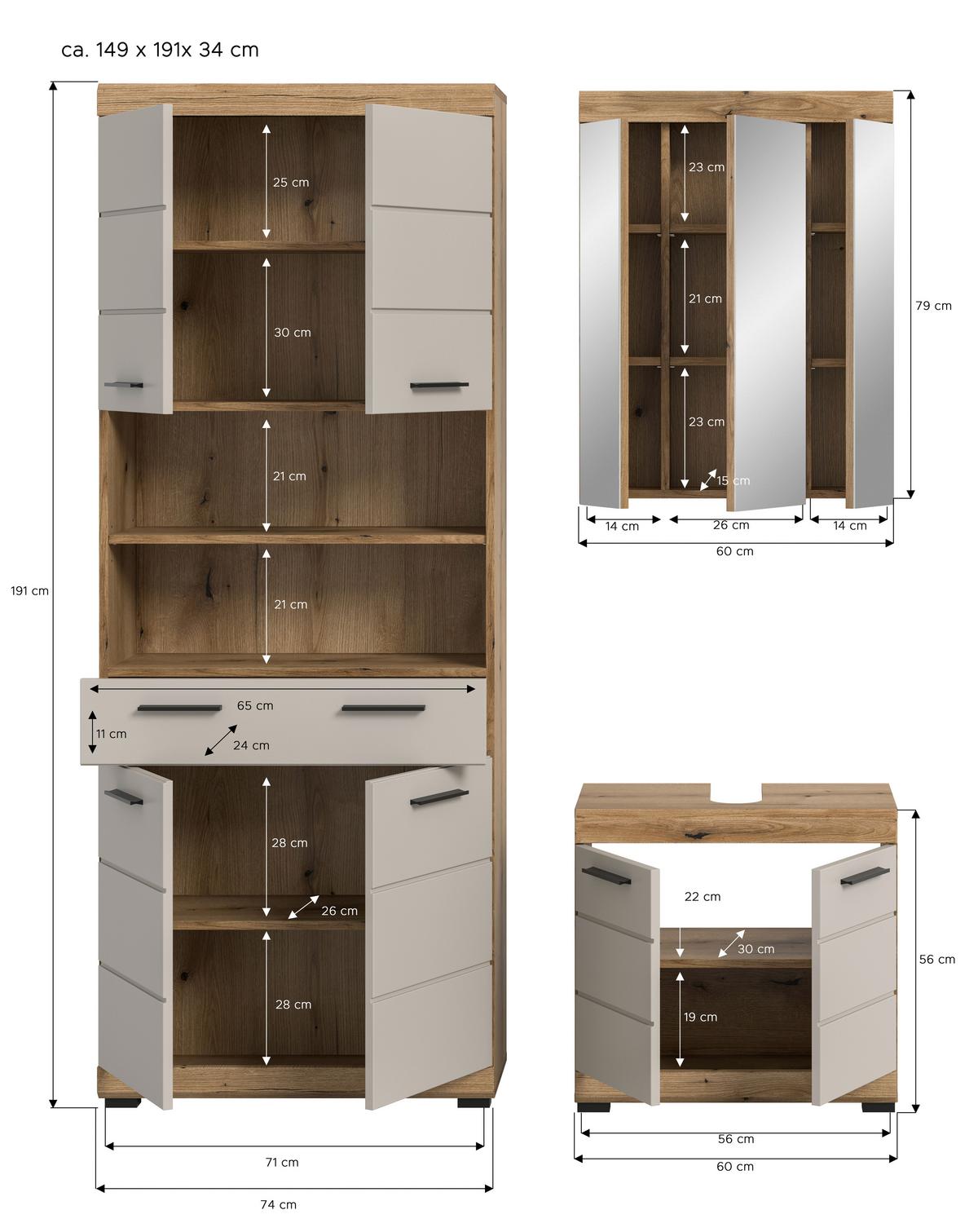 Badezimmer Scout Kaschmir/Naturfarben B: 134 cm - Kaschmir/Schwarz, MODERN, Glas/Holzwerkstoff (134cm) - MID.YOU