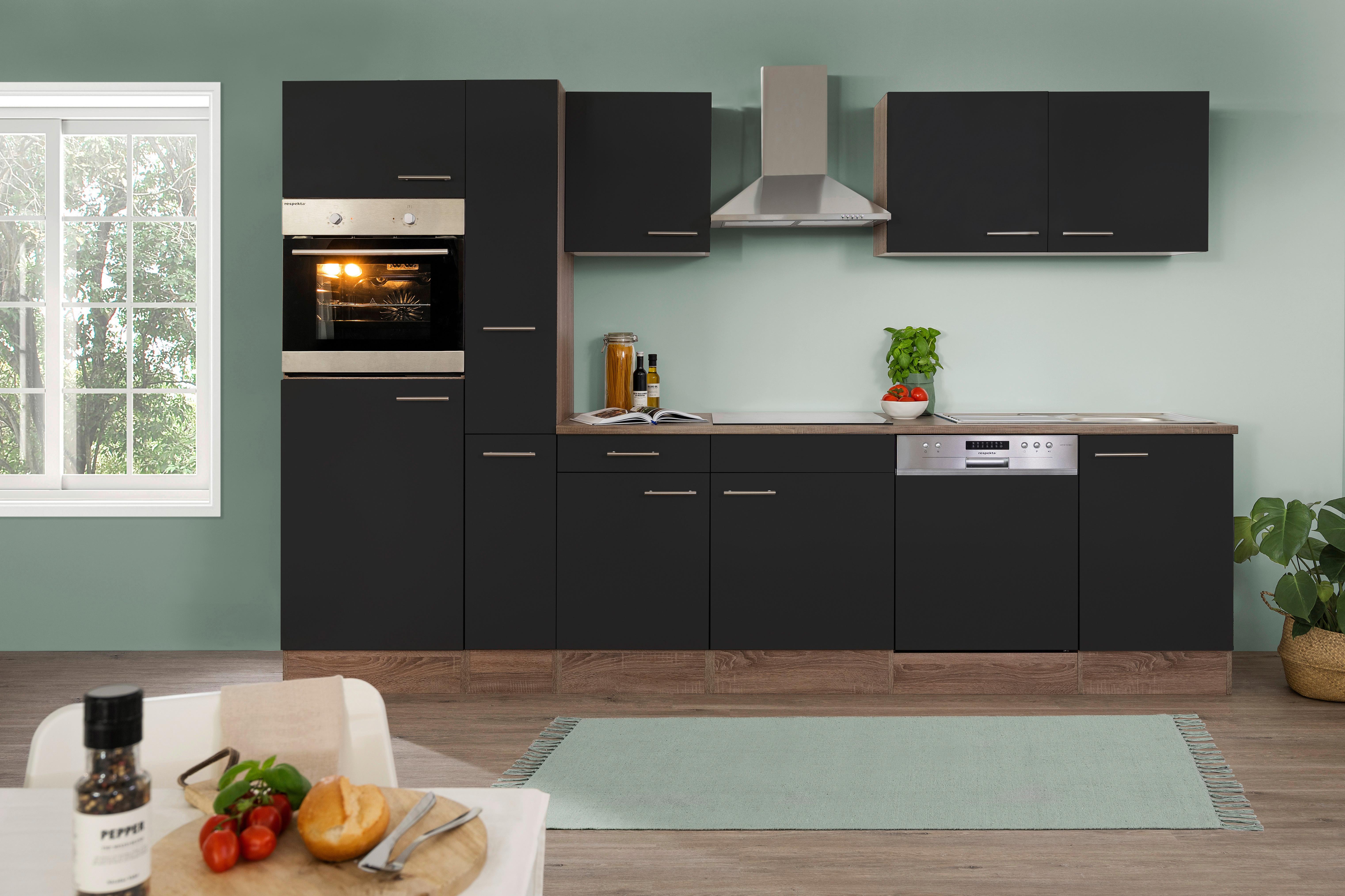 Küchenzeile mit Geräten B: 310 cm Schwarz/Eiche Dekor - Eichefarben/Schwarz, Design, Holzwerkstoff (310/205/60cm) - Respekta