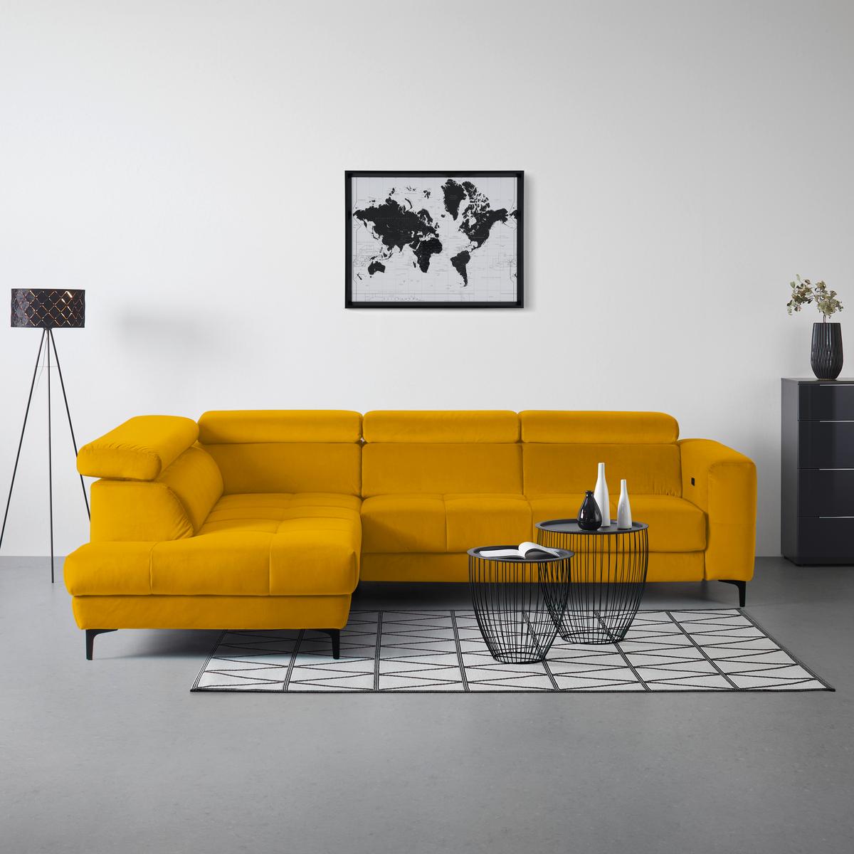Rohová sedačka EMMA, levá, žlutá,op.hl.,USB,el.výsuv - černá/žlutá, Moderní, textil (210/301cm) - Premium Living