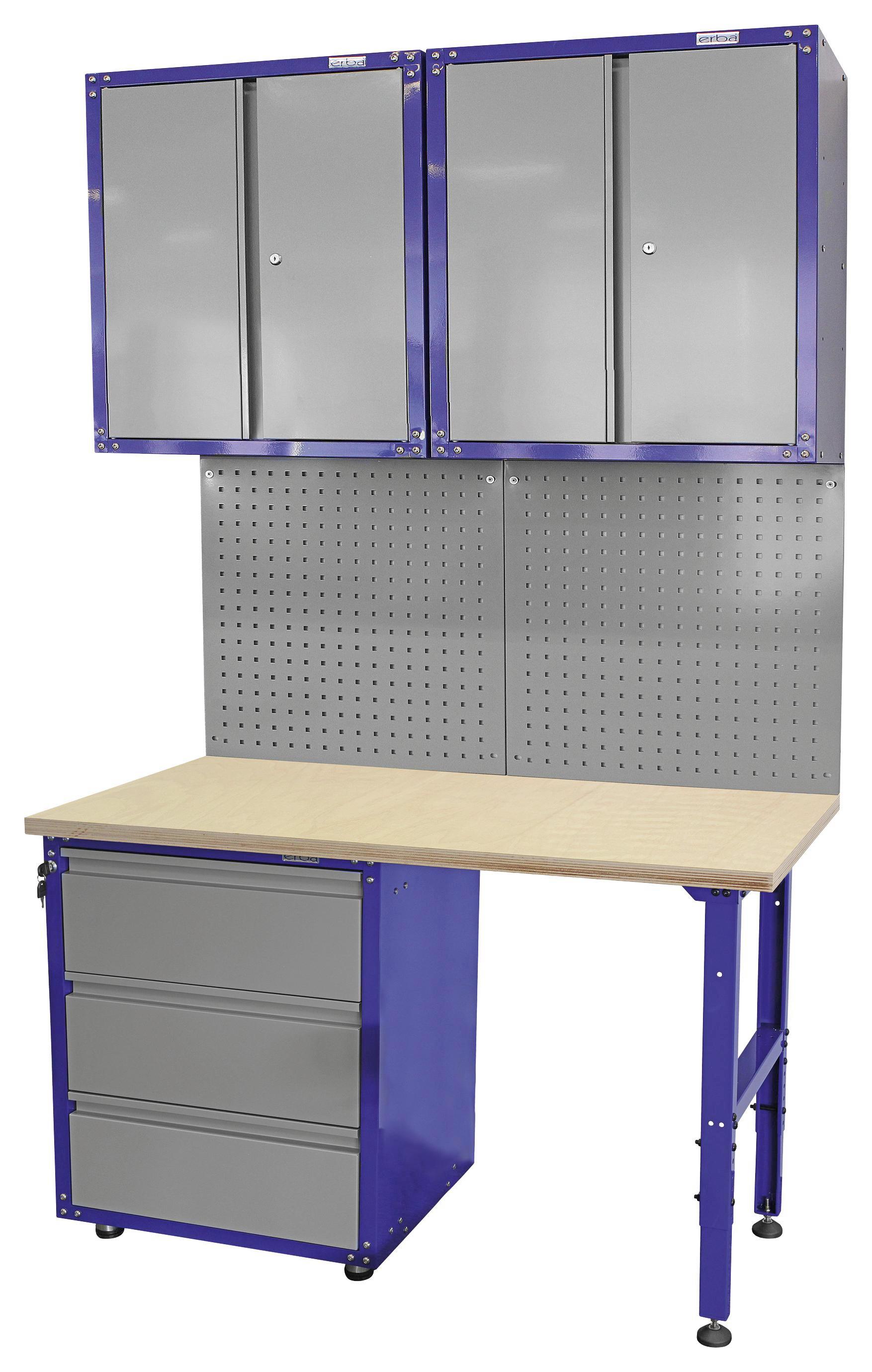 Werkbankset Medium 134 cm Grau/blau - Blau/Buchefarben, KONVENTIONELL, Holz/Metall (134/232/60cm) - Erba