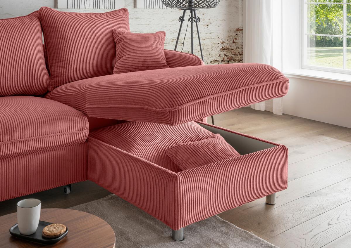 Eckschlafsofa Lauritio Koralle S: 254x160 cm - Chromfarben/Koralle, MODERN, Textil (254/160cm) - Livetastic