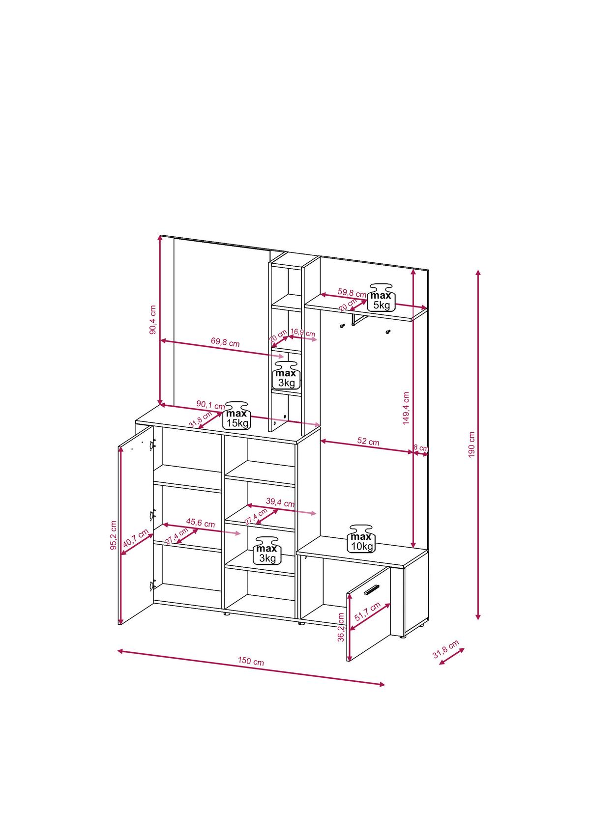 Predsieňový nábytk VIZA, dub artisan, biela - biela/dub artisan, Konventionell, kompozitné drevo (150/190/31,8cm)