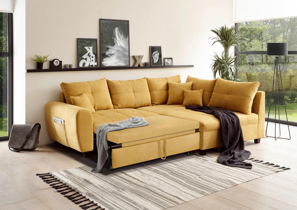 Ecksofa mit Schlaffunktion + Kissen Lea, Polyester-Nylon - Gelb/Schwarz, Basics, Holzwerkstoff/Textil (248/176cm) - MID.YOU