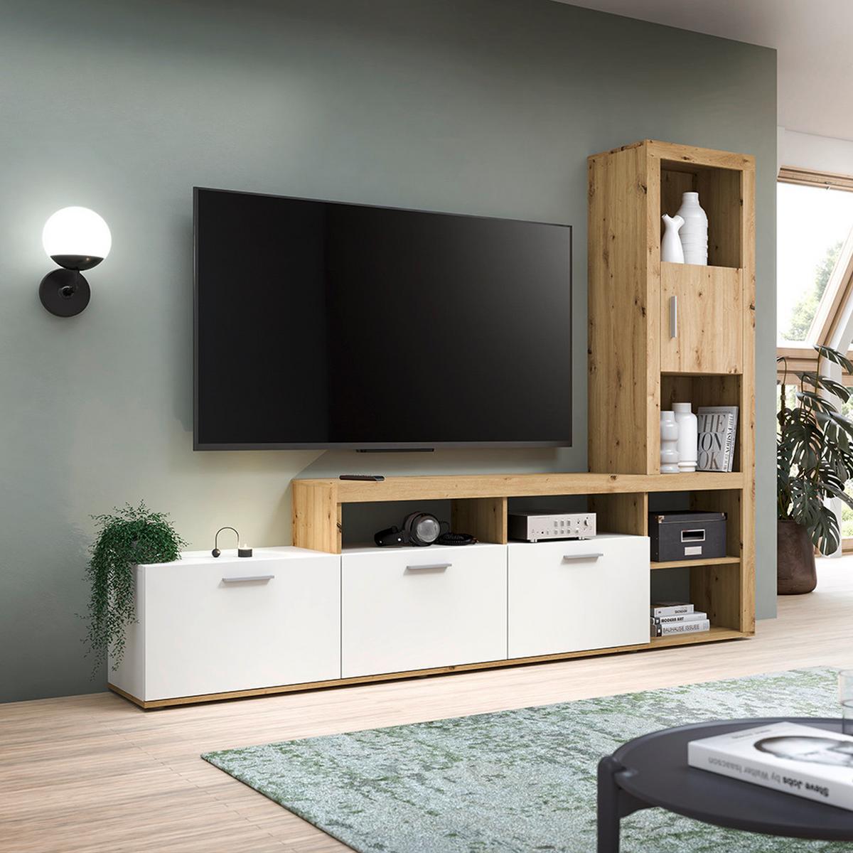 Obývacia stena JACKY - biela/dub artisan, Modern, kompozitné drevo/plast (230/184/37cm) - Mömax