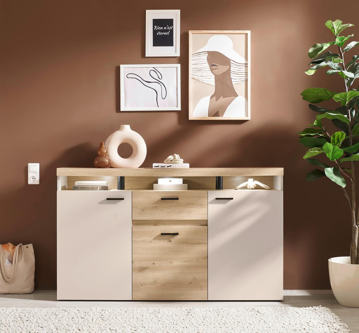 Sideboard Strada Giga *ph* Eiche Artisan/Kashmir, B:151cm - Kaschmir/Schwarz, Trend, Glas/Holzwerkstoff (151/89/37cm)