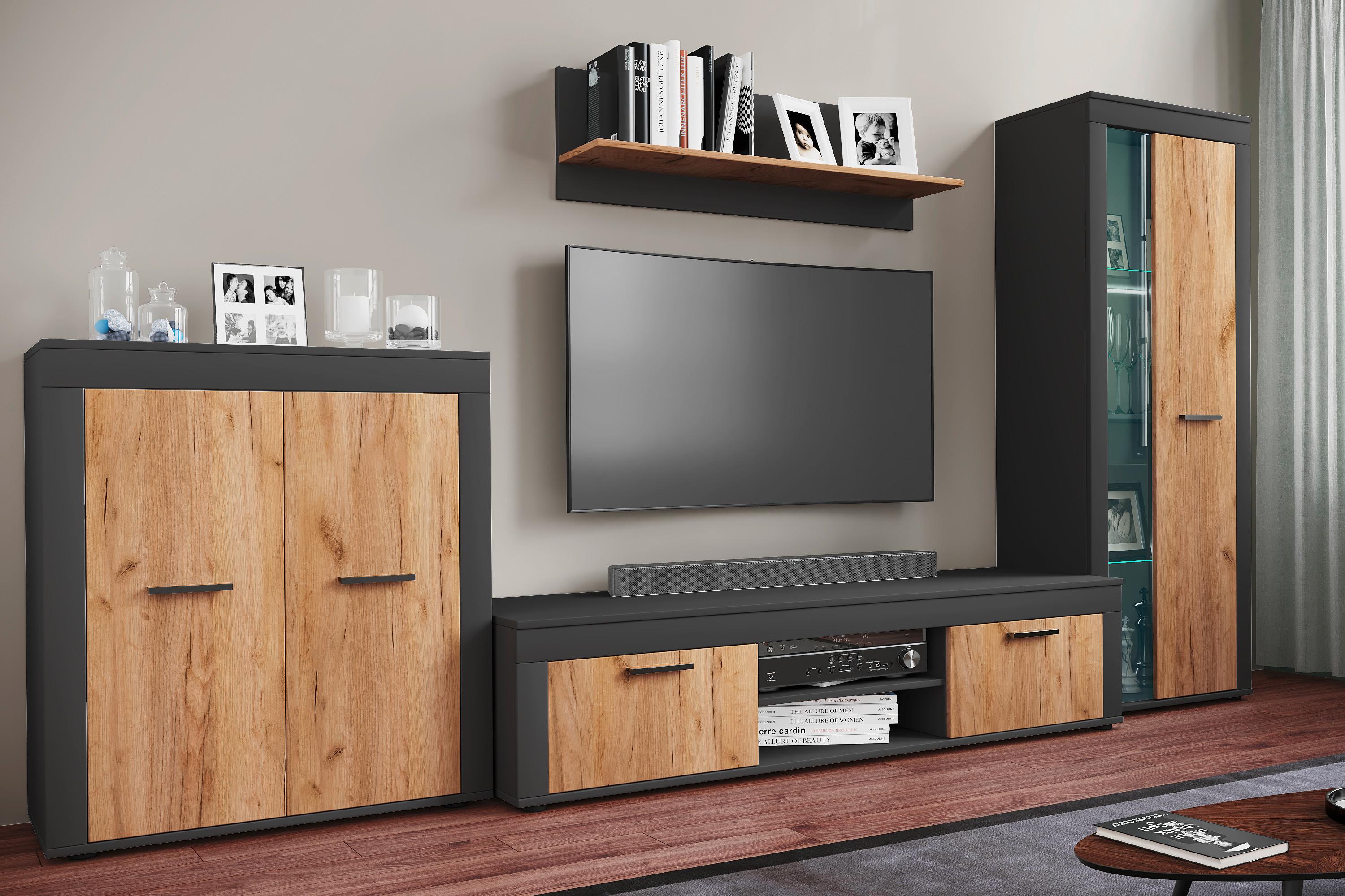 Wohnwand Usilo Anthrazit/Eiche Dekor B: 300cm - Honigeiche/Anthrazit, Design, Glas/Holzwerkstoff (300/159/37cm) - MID.YOU