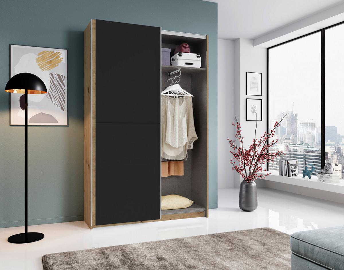 Schwebetürenschrank 125 cm Starter, Eiche Dekor/ Schwarz - Eichefarben/Schwarz, Basics, Holzwerkstoff (125/195,5/38cm) - P & B