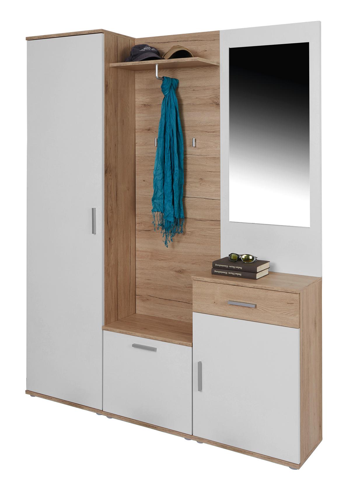 Előszobafal Mia - tölgyfa/fehér, Modern, faalapú anyag/Üveg (150/190/29cm)