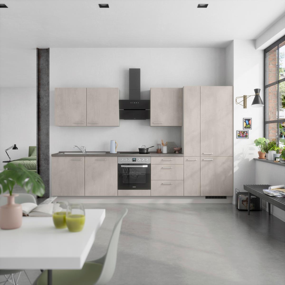 Kuchynská linka 330 cm, šedý betón/ kamenná šedá - sivá/farba ušľachtilej ocele, Modern, kov/kompozitné drevo (330cm) - Nobilia