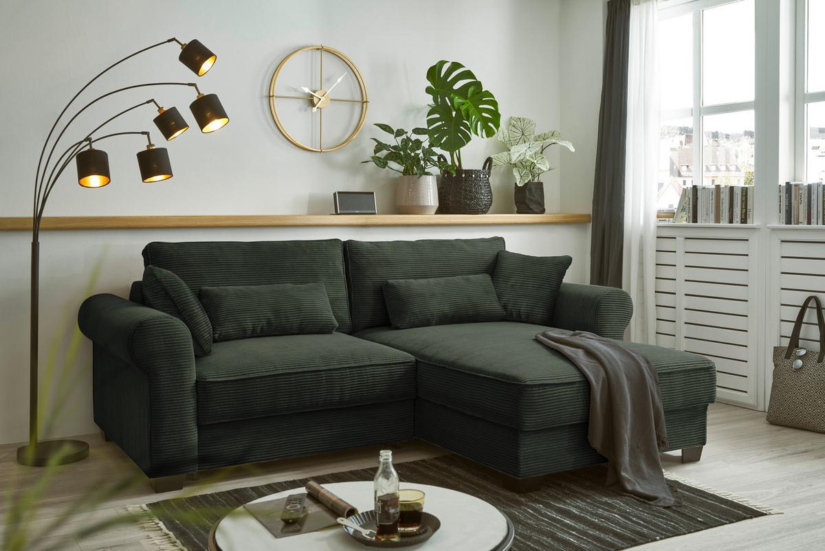 Ecksofa mit Schlaffunktion Angelina Dunkelgrün Kord - Dunkelgrün/Schwarz, Basics, Textil (255/92/185cm) - MID.YOU