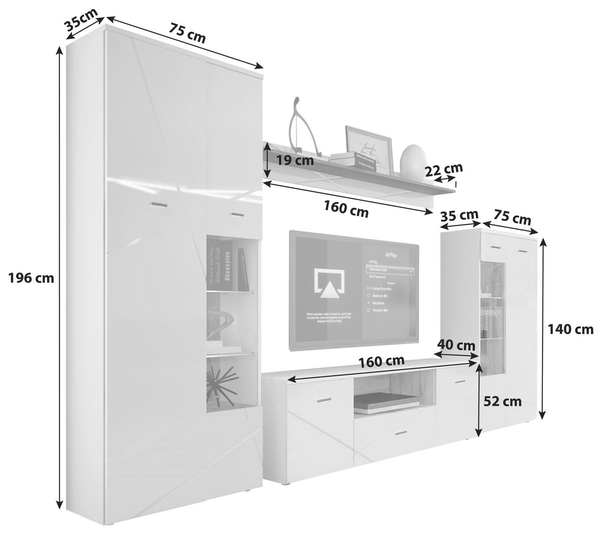 Wohnwand Modern 4 Tlg. Mit Led Storm, Weiß - Eichefarben/Schwarz, MODERN, Glas/Holzwerkstoff (340/196/40cm) - MID.YOU