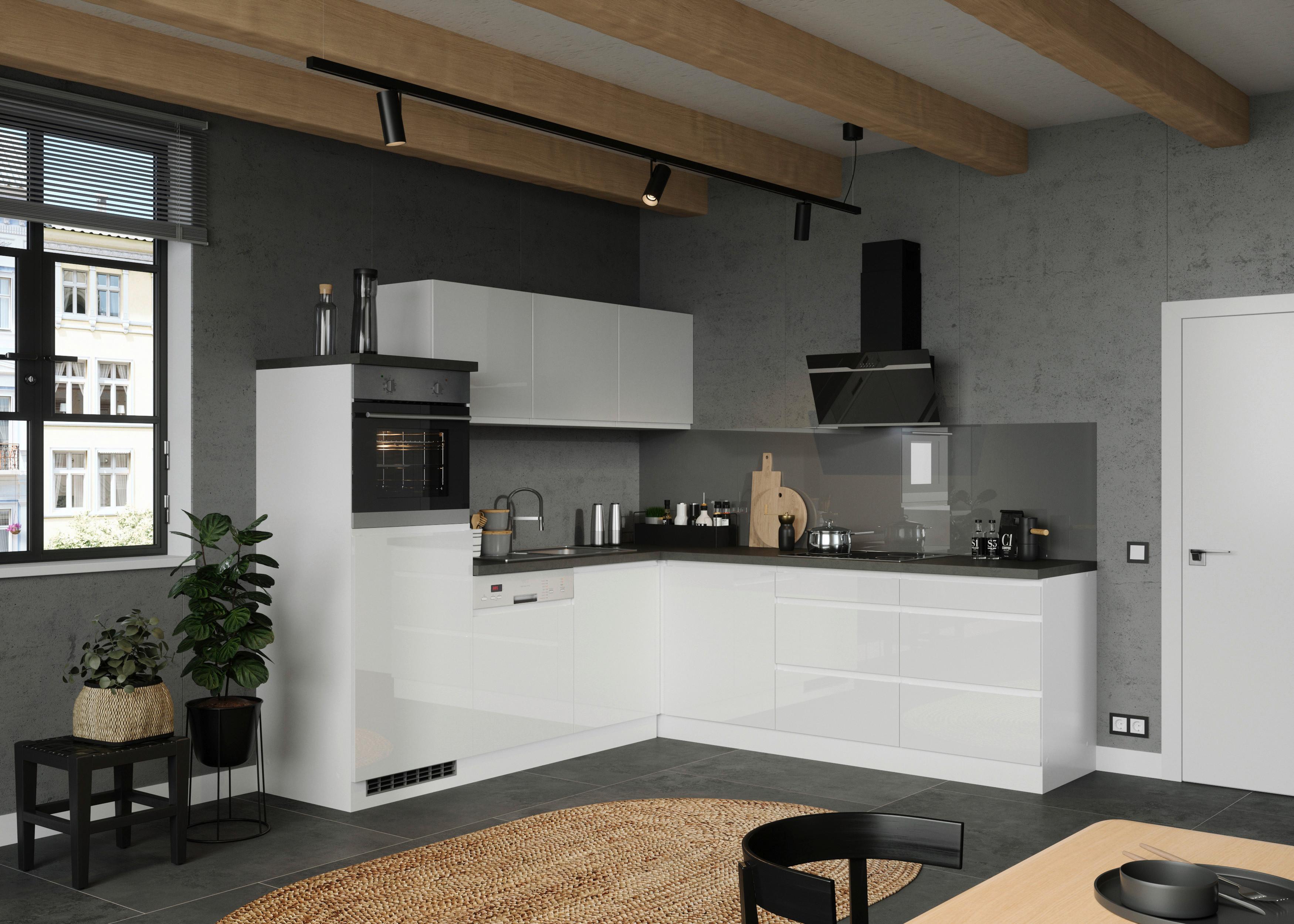 Eckküche Monza mit Geräten 240x240 cm Weiß/Grau - Weiß Hochglanz/Weiß, LIFESTYLE, Holzwerkstoff (240/240cm) - Held