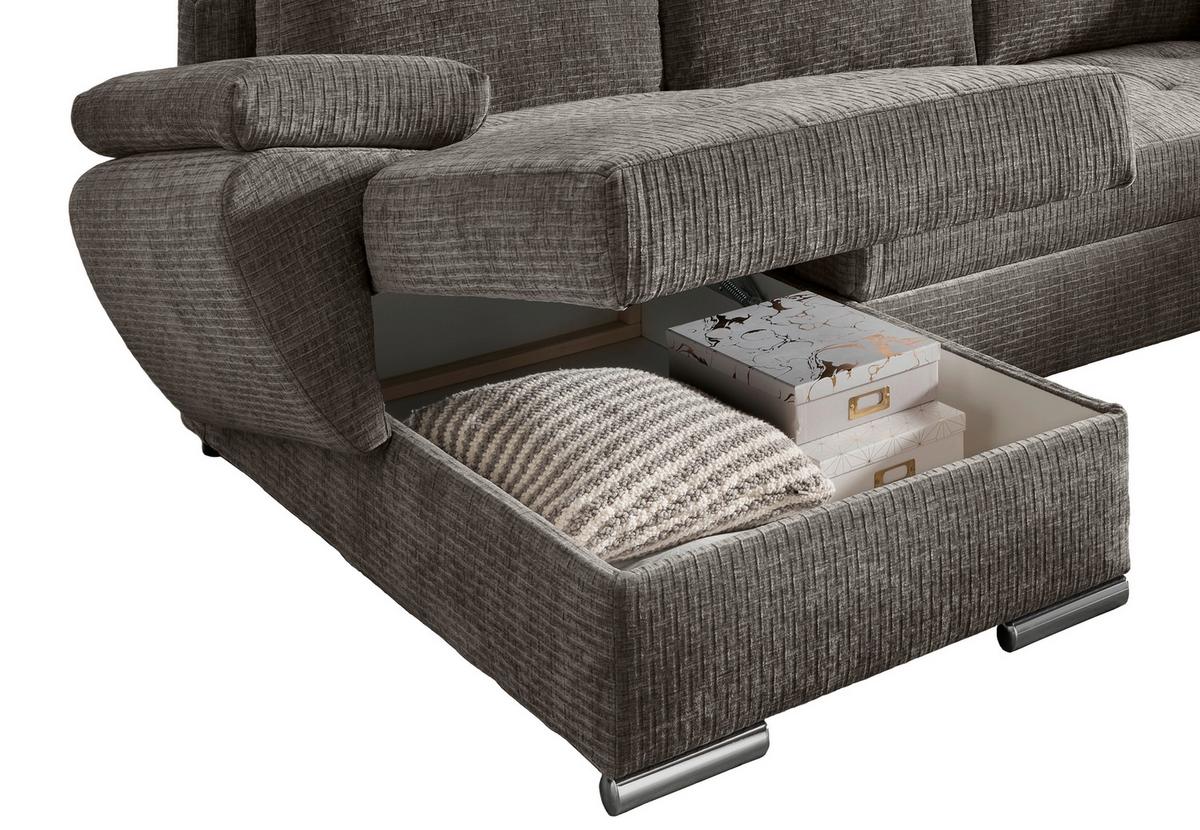 Wohnlandschaft Terana Graubr. mit Schlaffunktion, Mikrofaser - Chromfarben/Graubraun, KONVENTIONELL, Textil (157/305/219cm) - Livetastic