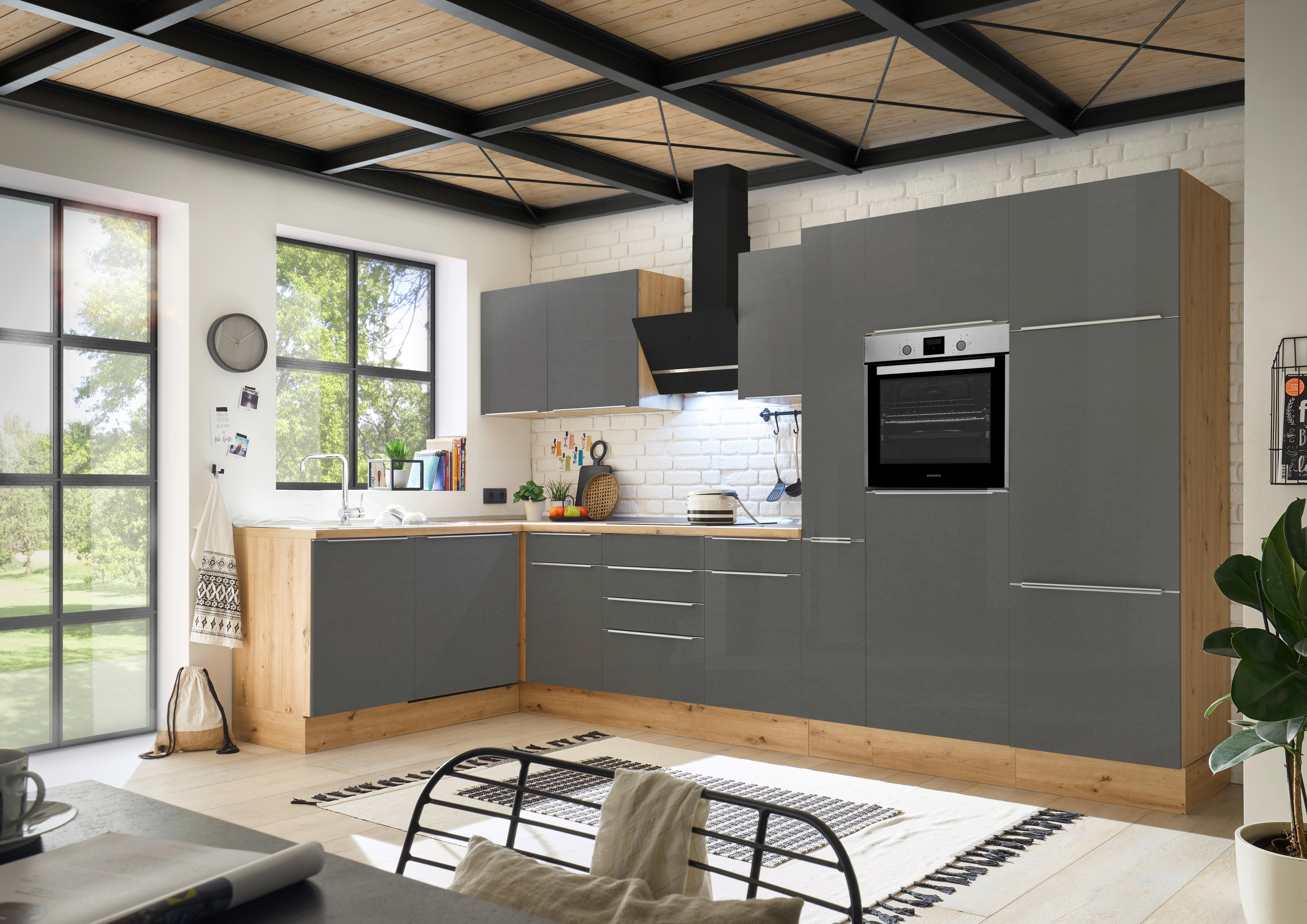 Eckküche mit Geräten 370x170 cm Grau/Eiche Dekor, Modern