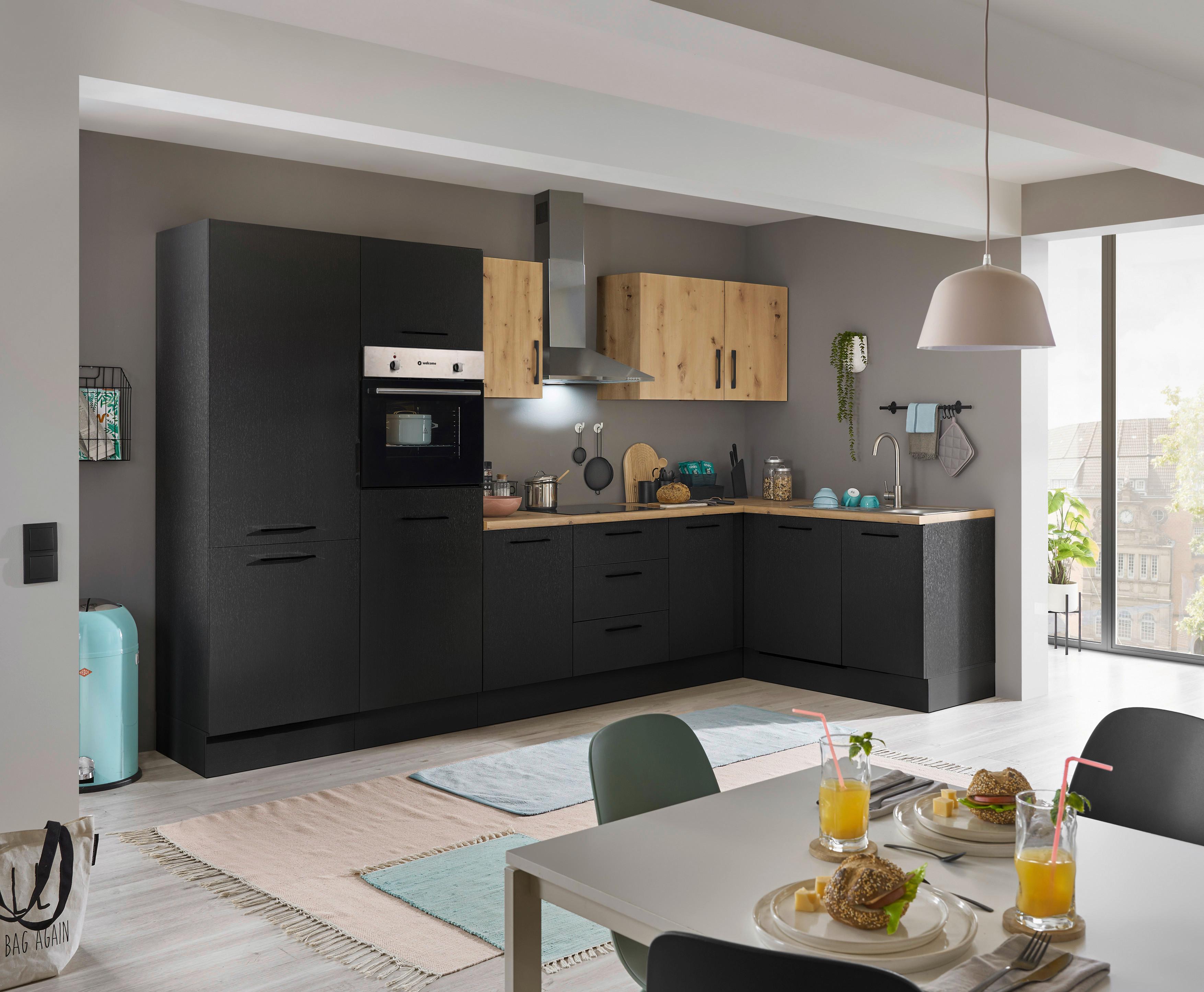 Eckküche Turin Schwarz/Eiche Dekor 340x175 cm - Schwarz/Eiche Artisan, Basics, Holzwerkstoff (340/175cm) - MID.YOU