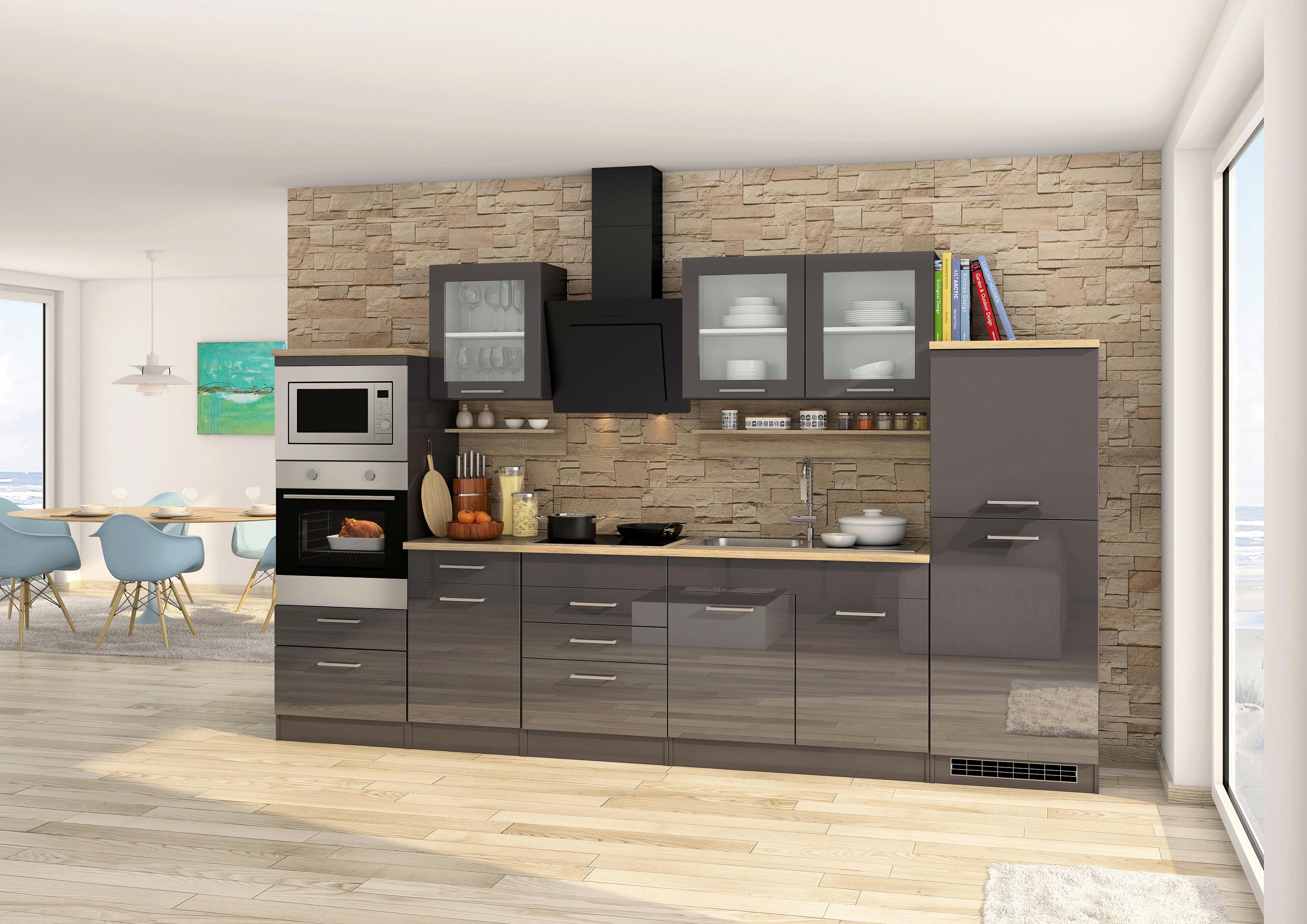 Küchenblock Mailand Graphitfarben B: 330cm - Graphitfarben/Sonoma Eiche, MODERN, Glas/Holzwerkstoff (330cm) - Held