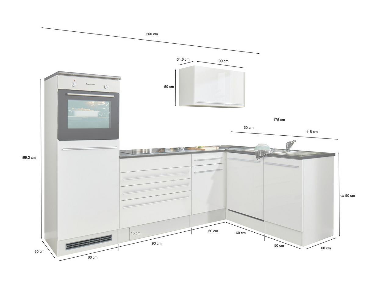 Eckküche Jazz 6 Weiß mit E-Geräten - Weiß Hochglanz/Anthrazit, Basics, Holzwerkstoff (260/175cm) - MID.YOU