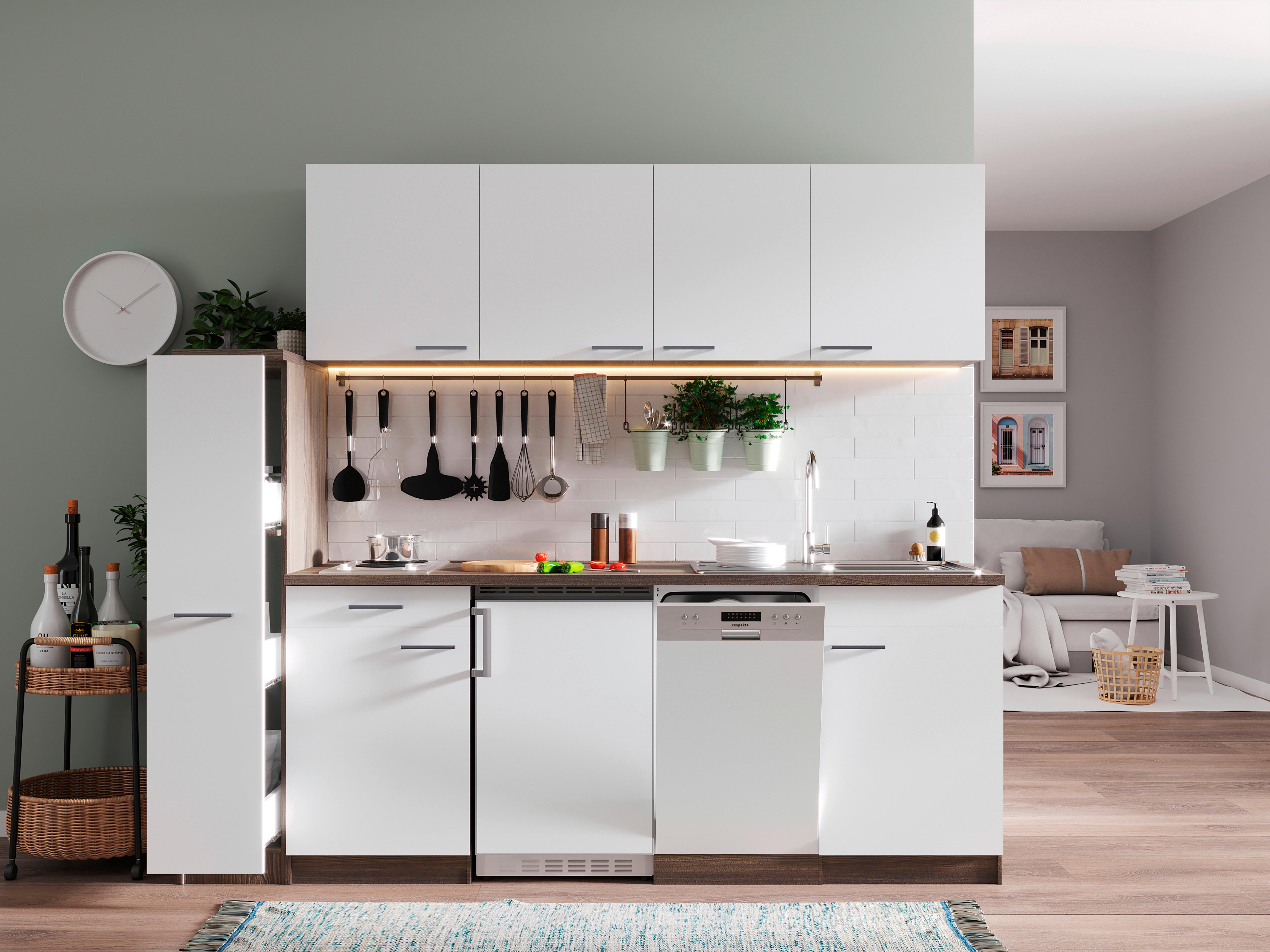 KÜCHENBLOCK OLIVER SINGLEKÜCHE 225 CM - Eichefarben/Weiß, Basics, Holzwerkstoff (225cm) - Respekta