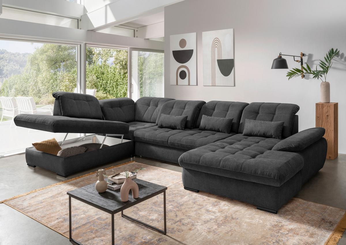 Wohnlandschaft Mit Bettkasten Rigatti Anthrazit B: 387 Cm - Anthrazit/Schwarz, MODERN, Textil (252/387/184cm) - Livetastic