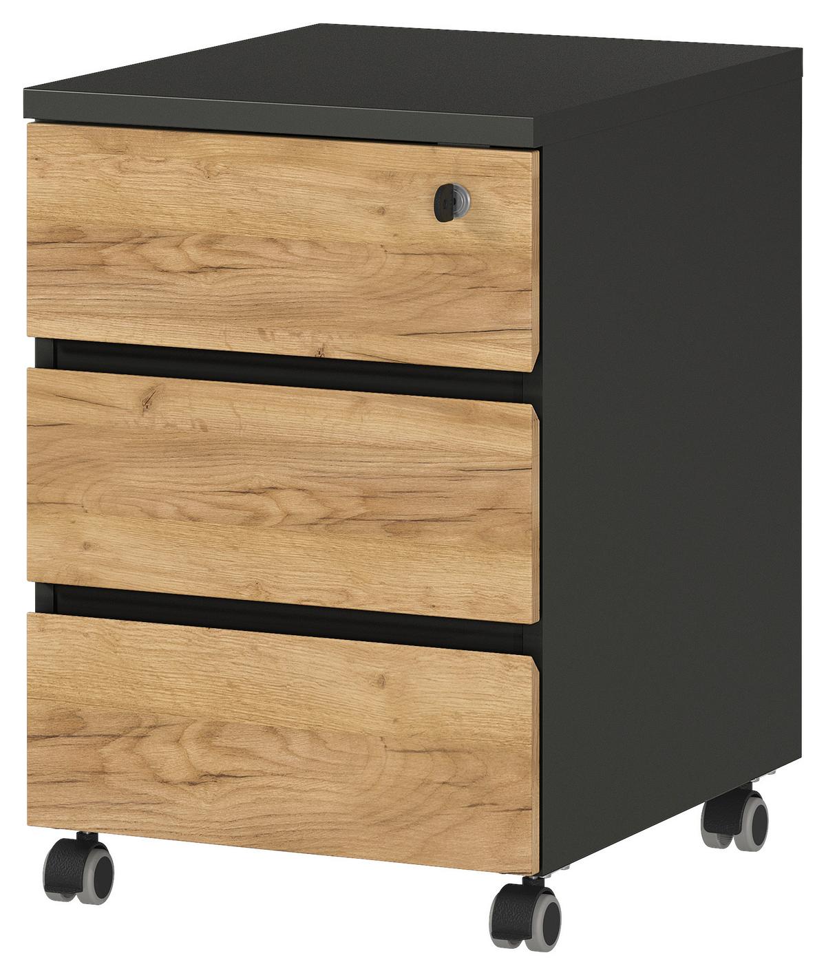 Rollcontainer Eiche Dekor Graphit Lissabon 41x60x50cm - Eichefarben/Graphitfarben, MODERN, Holzwerkstoff/Kunststoff (41/60/50cm) - Germania