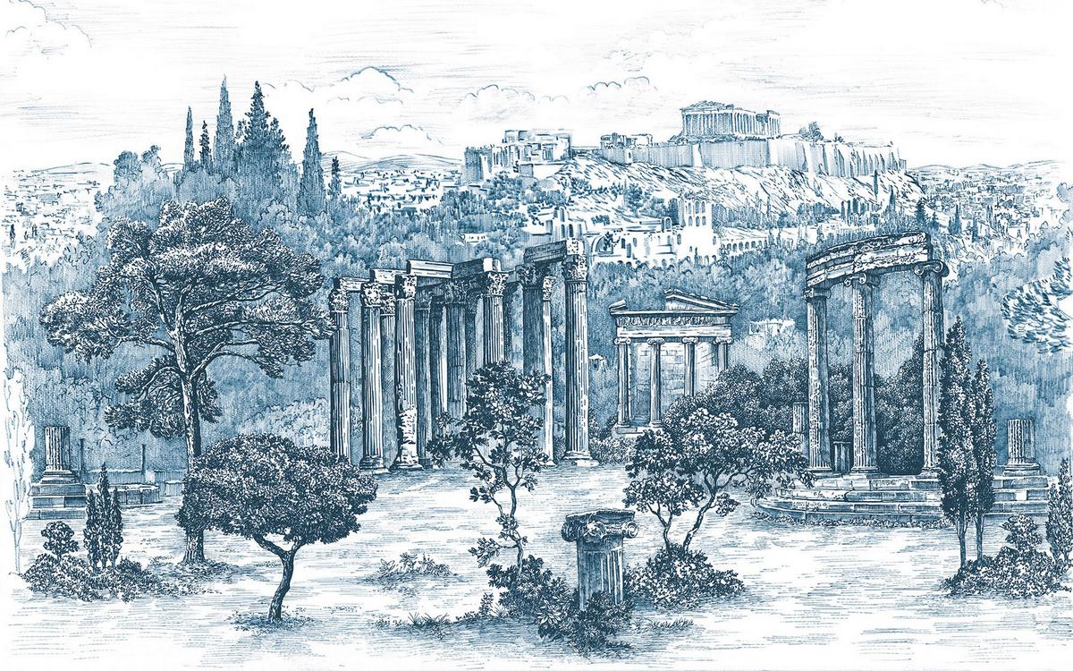 Vliestapete Ruins - Blau/Weiß, Basics (400/250cm) - Komar