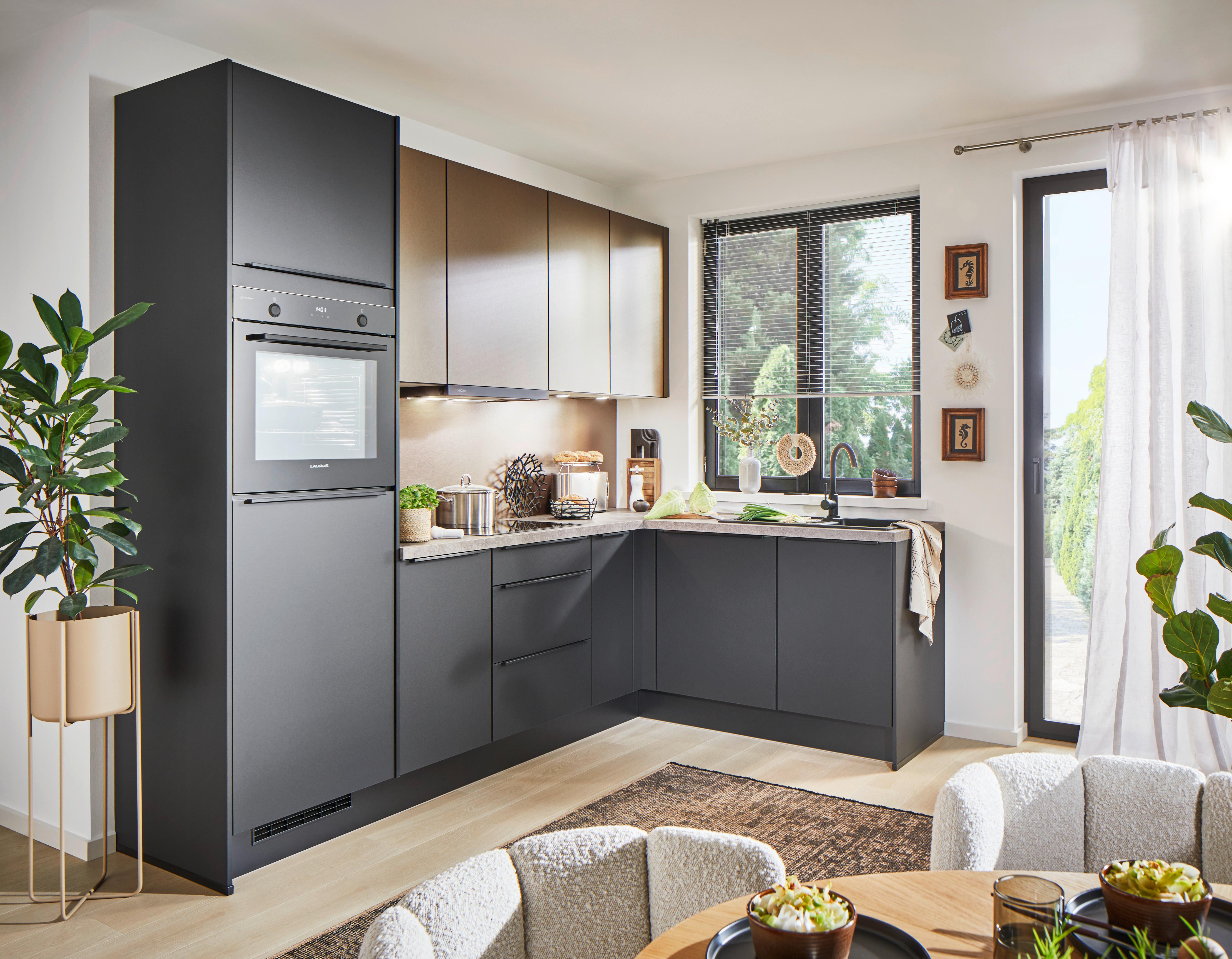 Eckküche Pn210/205 - Taupe/Schwarz, Basics, Holzwerkstoff (264/178cm) - Pino