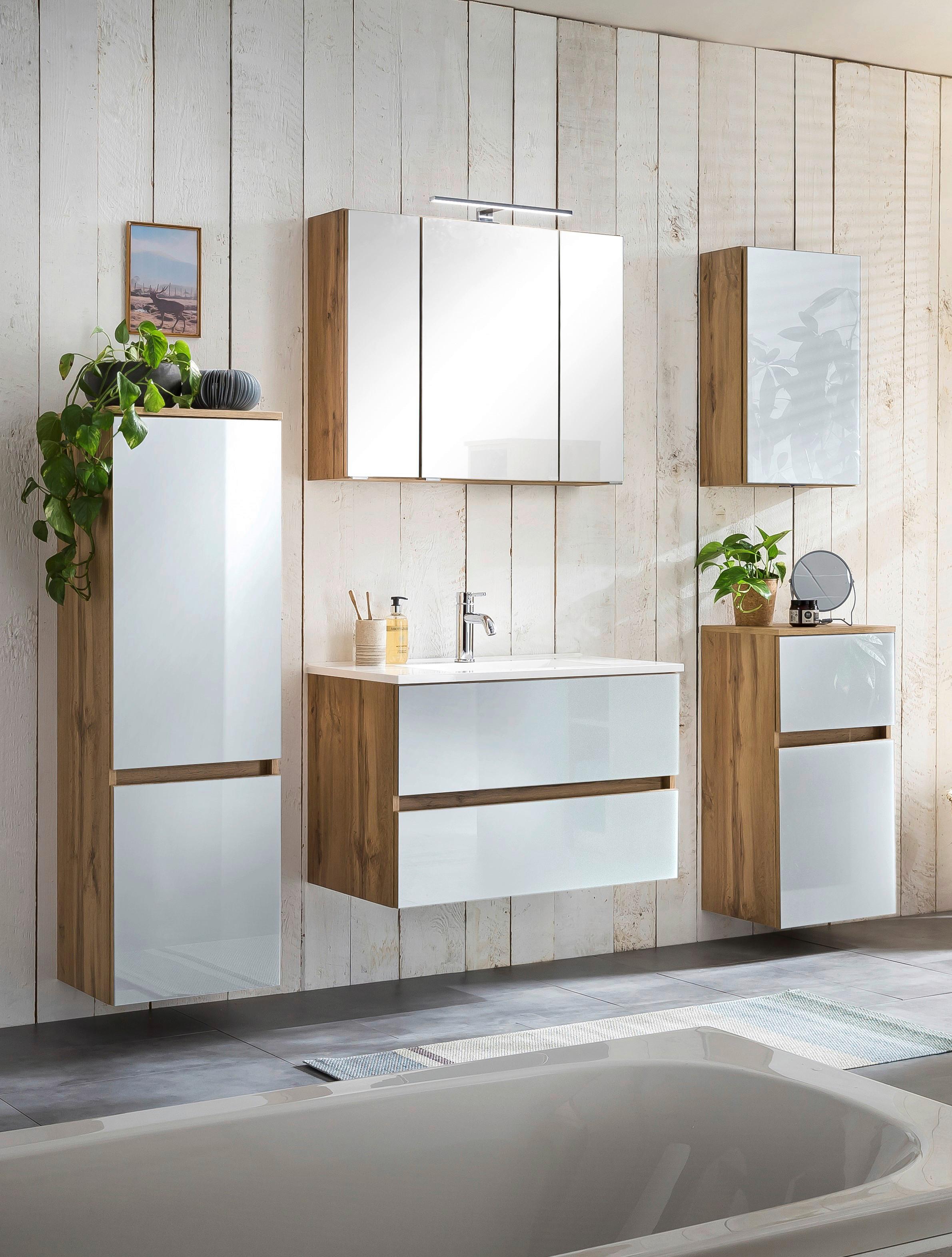 Badmöbel-Set 6-Tlg. inkl. LED Helsinki, Weiß/Eiche - Eichefarben/Weiß, KONVENTIONELL, Glas/Holzwerkstoff (160cm) - Held
