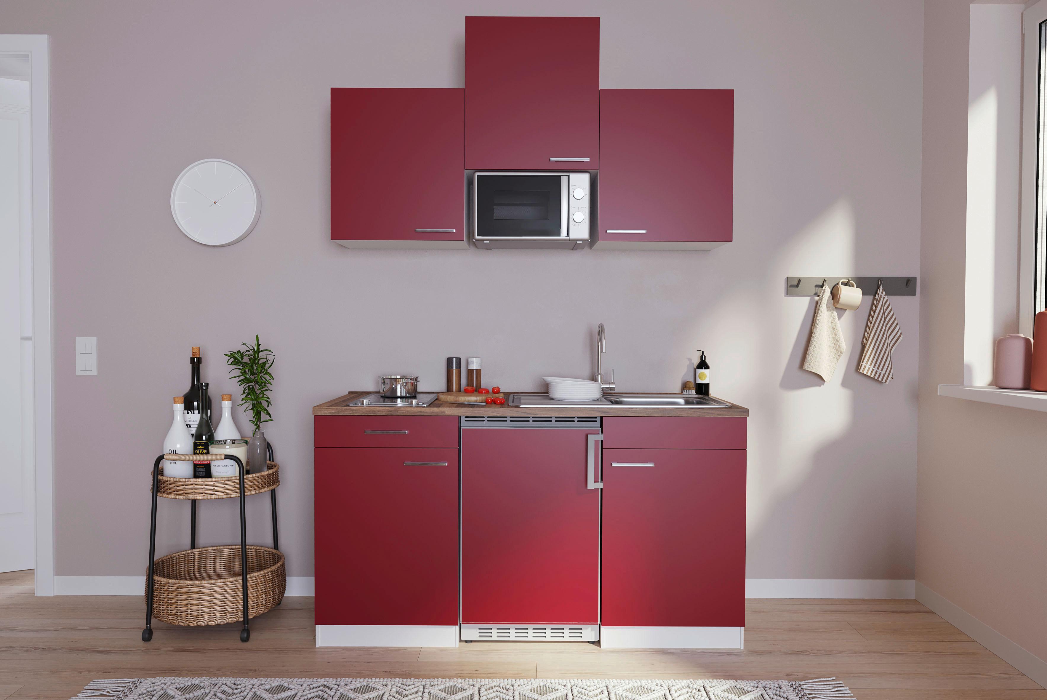 Miniküche Economy mit Geräten 150 cm Rot/Nussbaum Dekor - Rot/Nussbaumfarben, Basics, Holzwerkstoff (150cm) - Respekta
