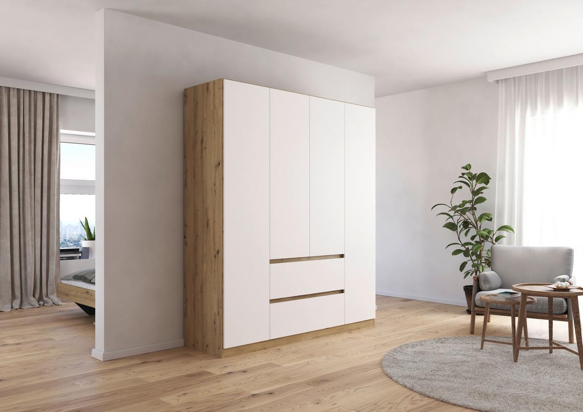 Drehtürenschrank Mainz Eiche Artisan B: 181 cm - Weiß/Eiche Artisan, Basics, Holzwerkstoff (181/210/54cm) - Rauch Möbel