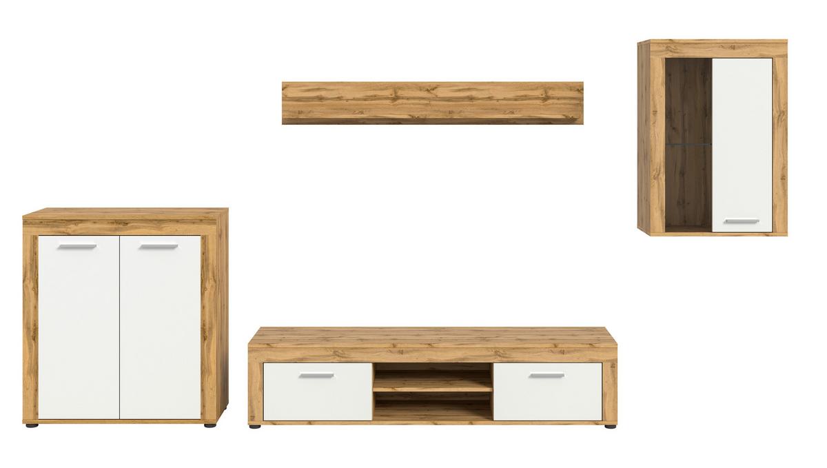 Wohnwand Jam Eiche Wotan Dekor B: 330cm - Silberfarben/Eiche Wotan, Design, Glas/Holzwerkstoff (330/169/35cm) - MID.YOU