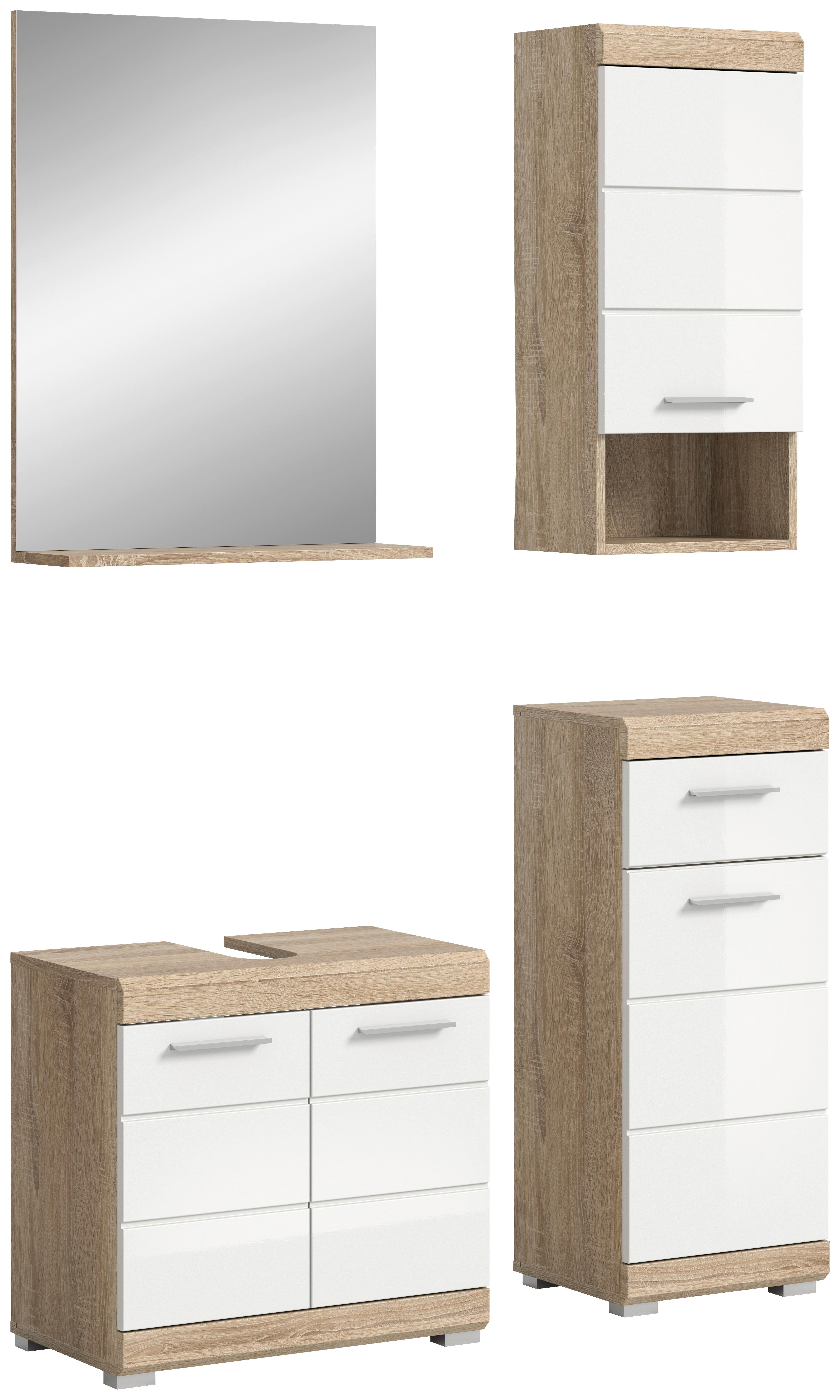 Badezimmer Lambada Eiche Dekor/Weiß B: 97 cm - Weiß Hochglanz/Silberfarben, MODERN, Glas/Holzwerkstoff (97cm) - MID.YOU