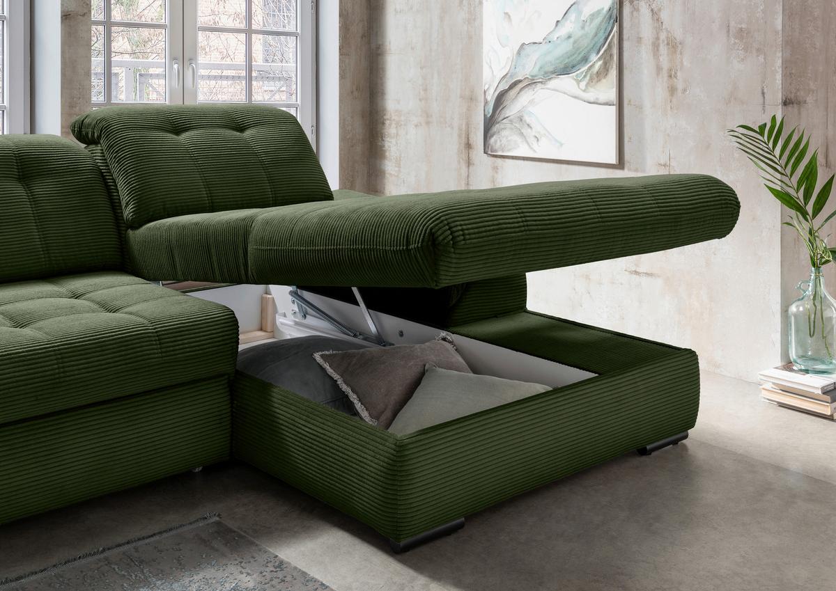Ecksofa Mit Bettkasten Rigatti Dunkelgrün 314x184cm - Dunkelgrün/Schwarz, MODERN, Textil (314/184cm) - Livetastic