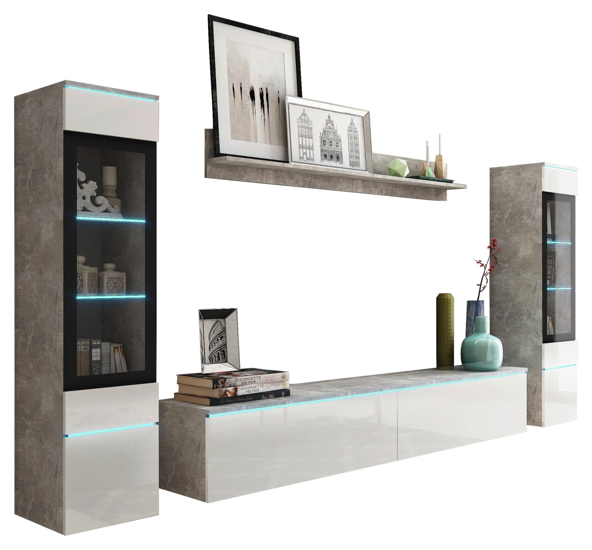 Obývací stěna s LED bílá VL/dekor beton - šedá/vysoce lesklá bílá, Lifestyle, kompozitní dřevo/plast (240/130/33cm) - P & B