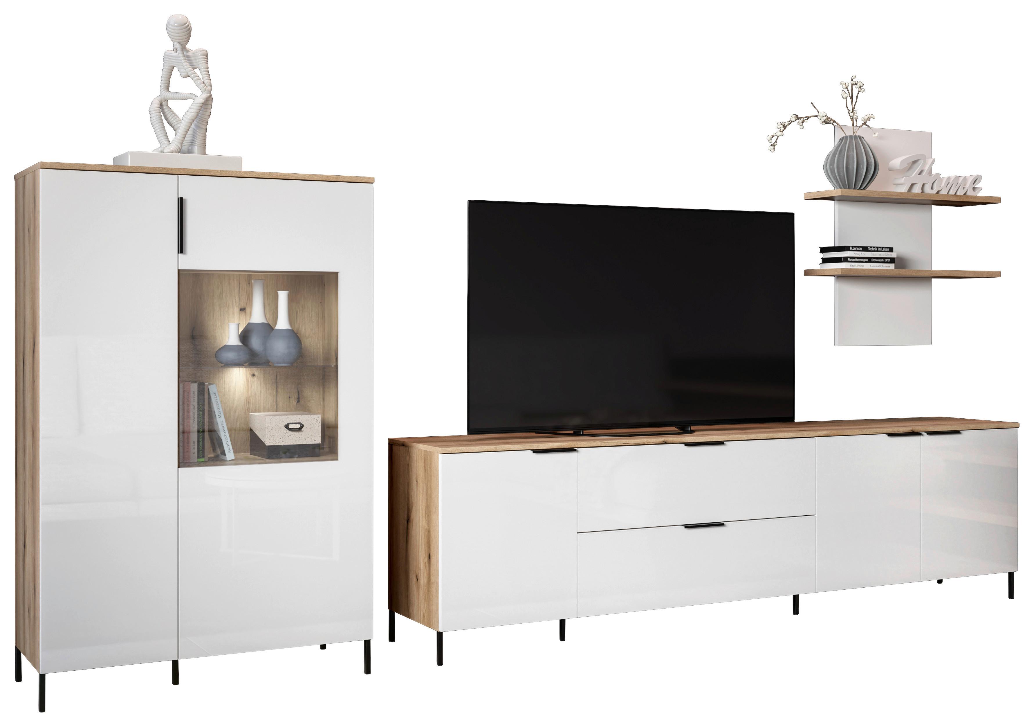 Wohnwand Austin 315 cm Eichefarben/Glasfront Weiss - Eichefarben/Weiß, Trend, Glas/Holzwerkstoff (315/140/40cm)