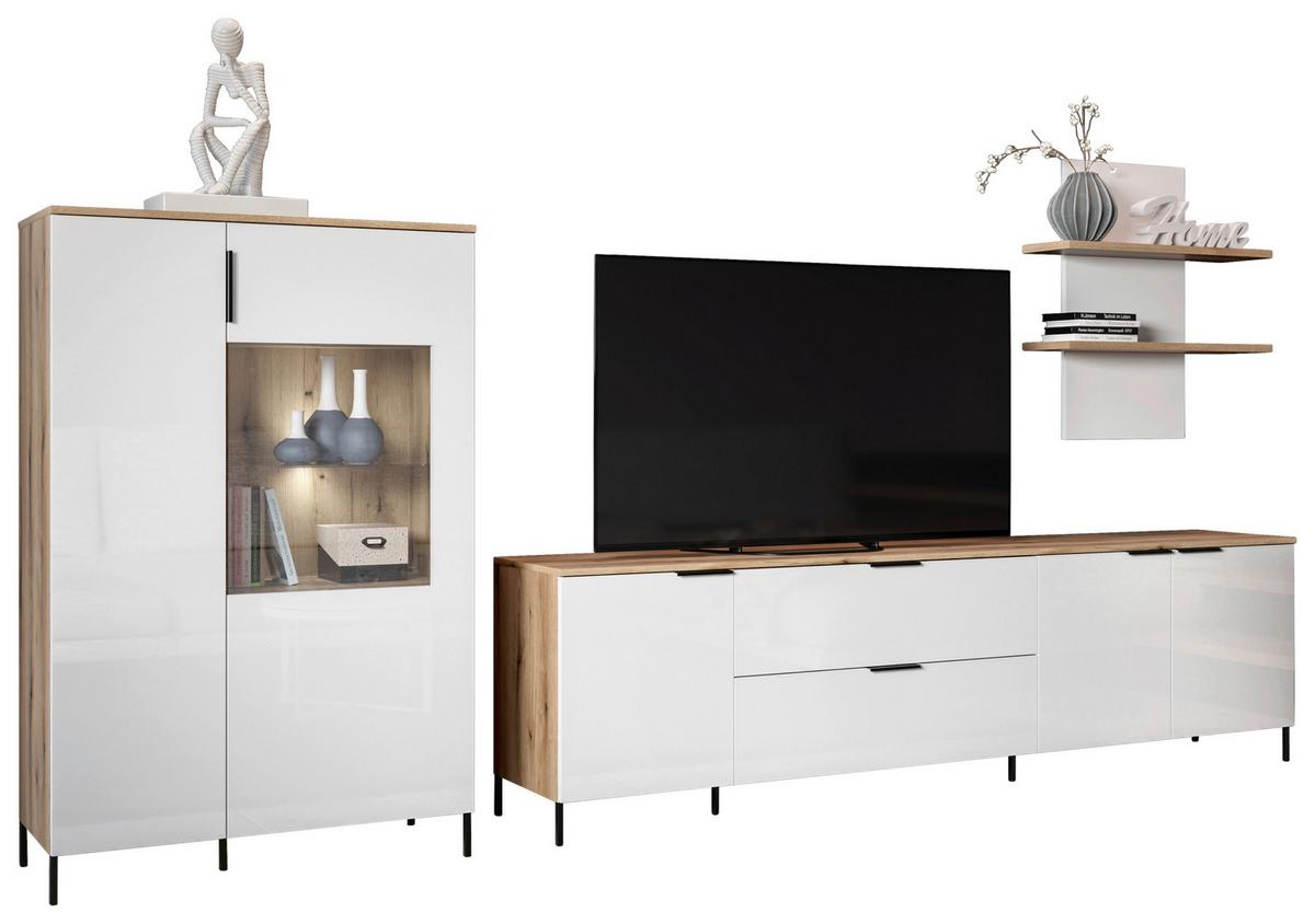Wohnwand Austin 315 cm Eichefarben/Glasfront Weiss - Eichefarben/Weiß, Trend, Glas/Holzwerkstoff (315/140/40cm)