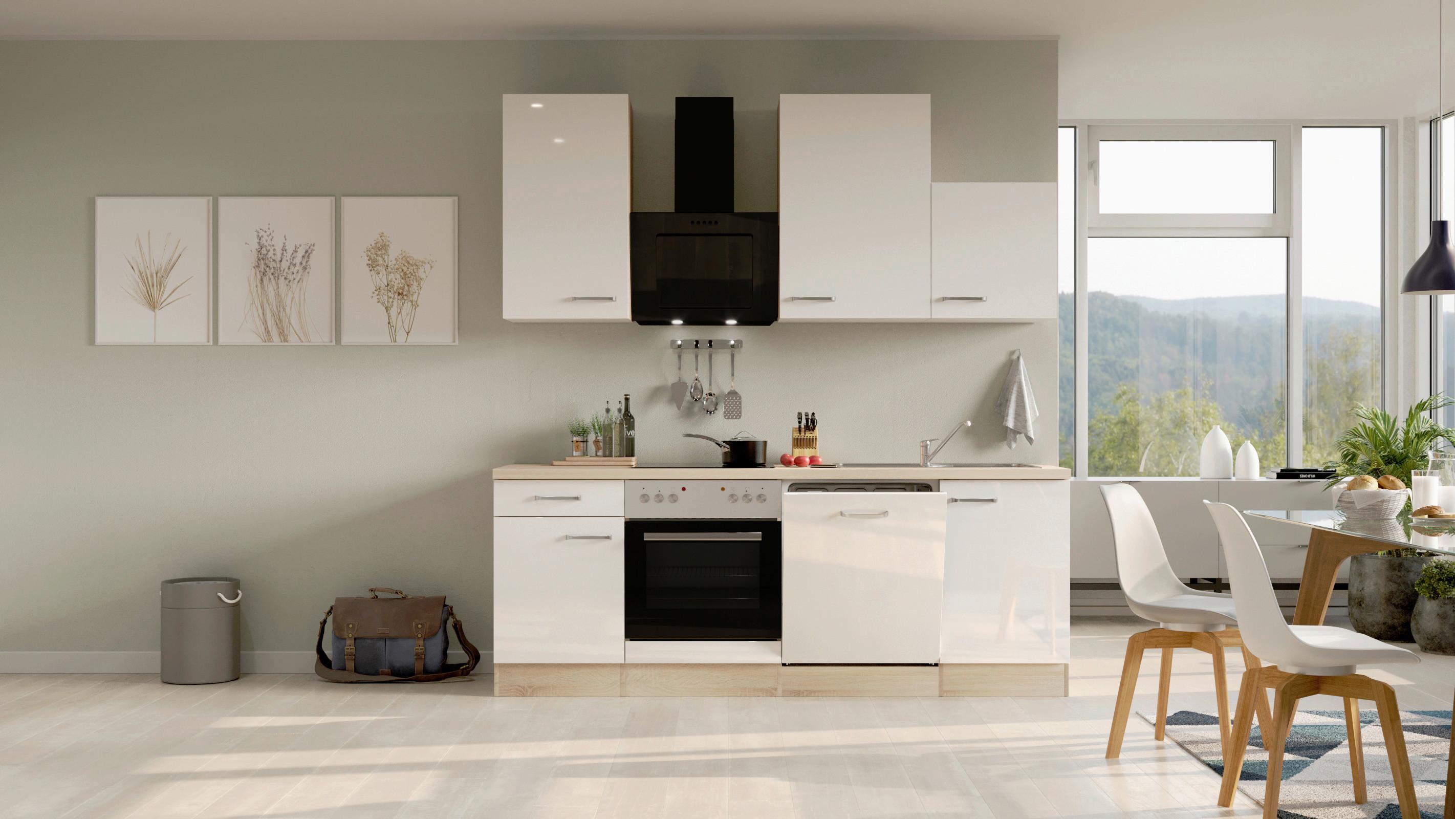 Küchenblock Valero Sonoma Eiche/Weiß B: 220 cm - Weiß Hochglanz/Sonoma Eiche, MODERN, Holzwerkstoff (220cm) - FlexWell