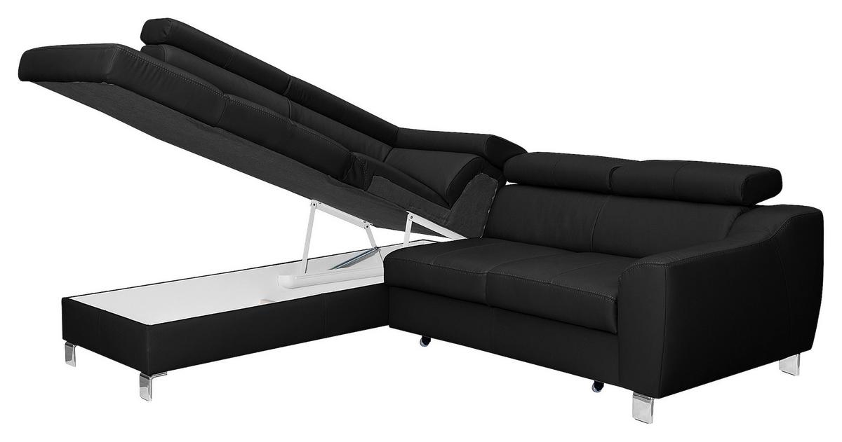 Ecksofa Aspen Mit Bettkasten Lederlook Schwarz 208x245 Cm - Chromfarben/Schwarz, Design, Leder/Textil (208/245cm) - Livetastic