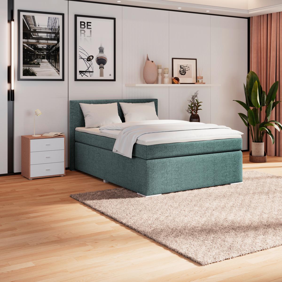 Boxspringbett Mira Webstoff Blau, Lf: 120x200cm - Blau/Silberfarben, KONVENTIONELL, Holz/Textil (120/200cm)